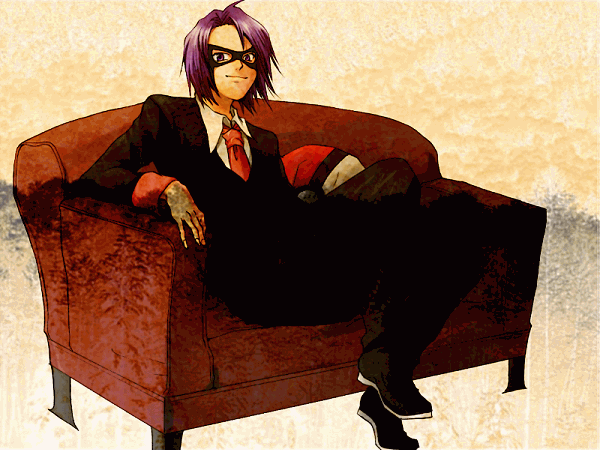 hirococo, will (pokemon), nintendo, pokemon, pokemon gsc, bad id, bad pixiv id, 1990s (style), 1boy, couch, elite four, formal clothes, male focus, mask, necktie, poke ball, poke ball theme, purple eyes, purple hair, retro artstyle, sitting, smile, solo, tuxedo