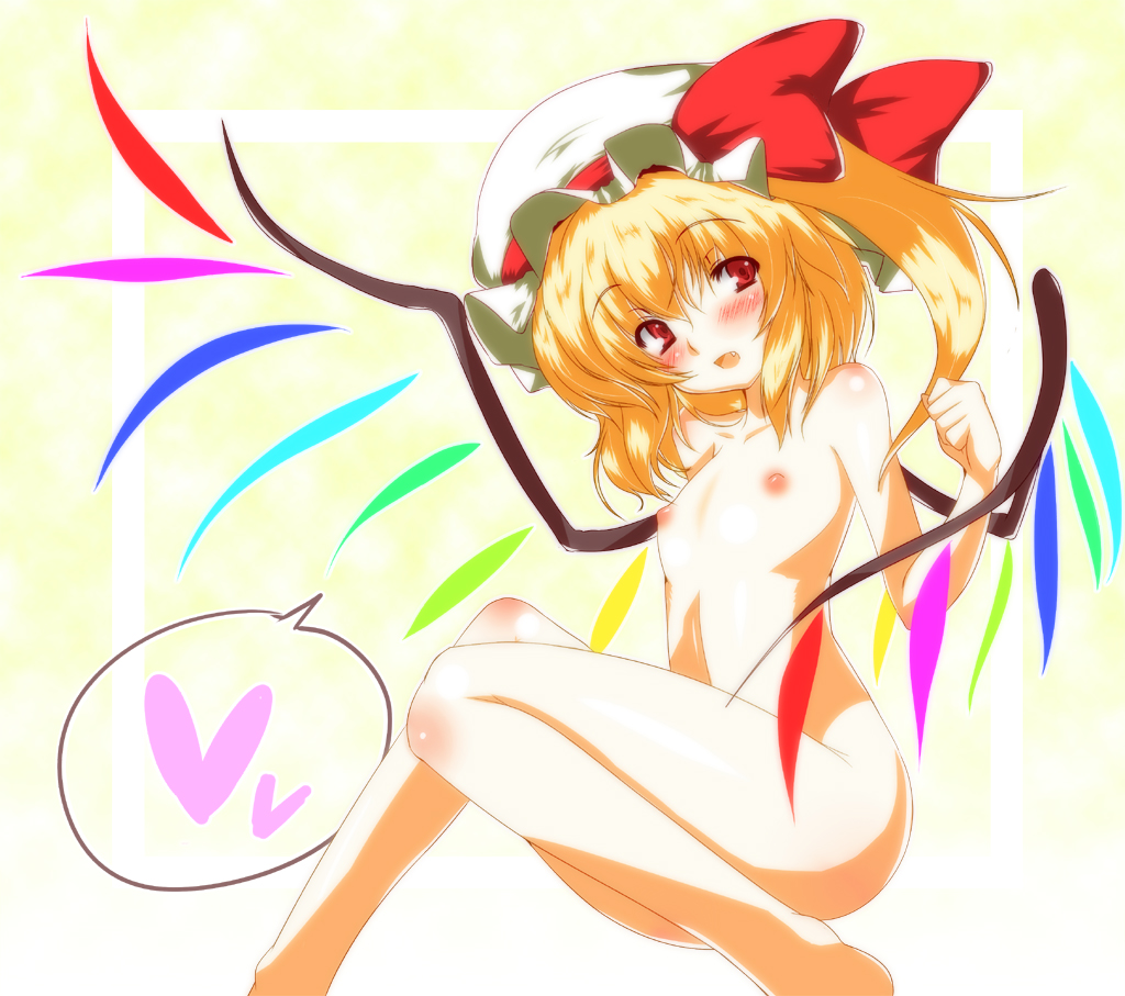 shoushinmono, tanaka ginji, flandre scarlet, embodiment of scarlet devil, touhou, 1girl, blonde hair, blush, bow, fang, female focus, flat chest, hat, heart, nipples, nude, open mouth, petite, ponytail, red eyes, ribbon, short hair, side ponytail, solo, wings