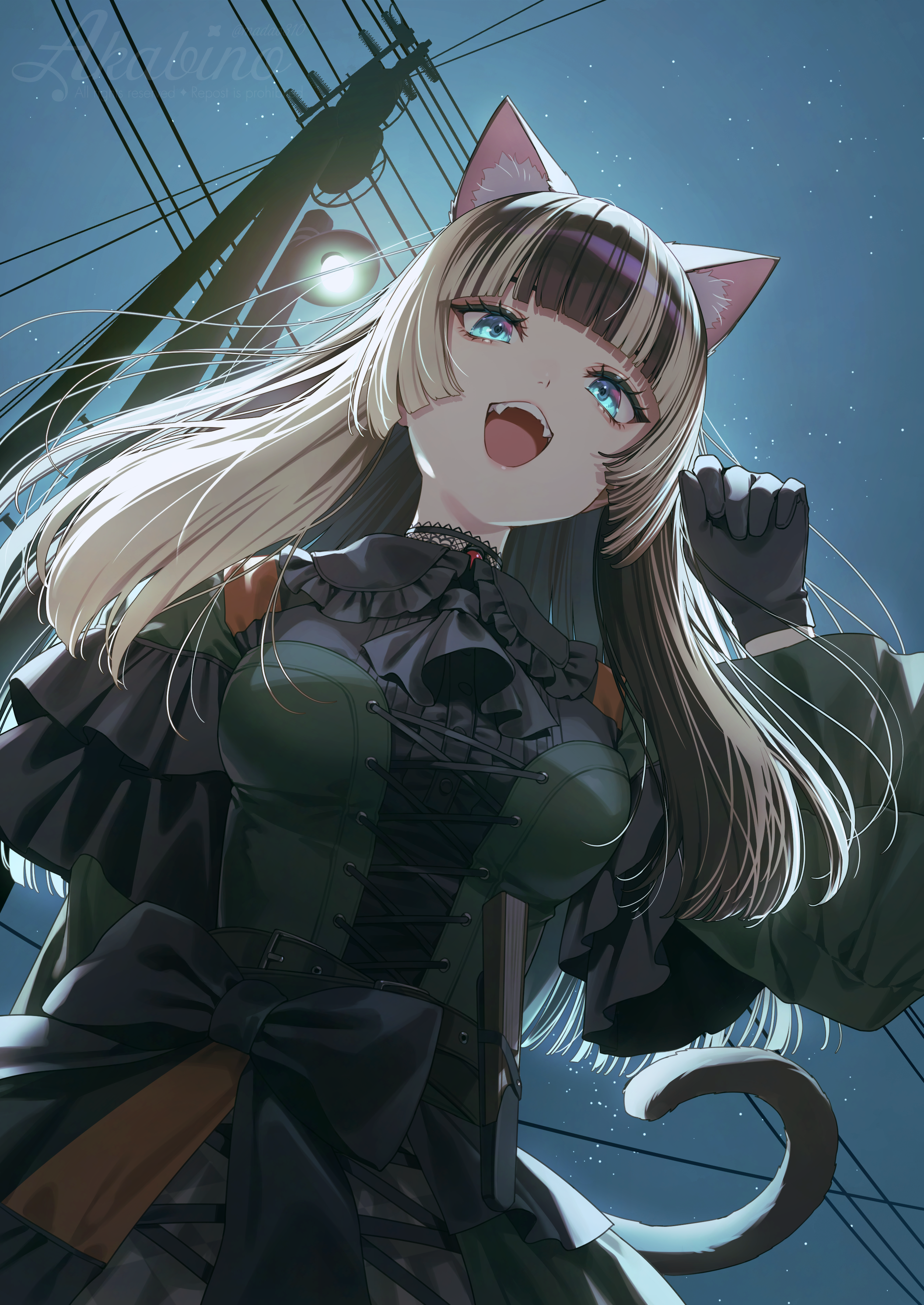 akabino, juufuutei raden, juufuutei raden (1st costume), hololive, hololive dev is, absurdres, commentary, highres, symbol-only commentary, 1girl, :d, animal ear fluff, animal ears, black choker, black gloves, black hair, blue eyes, blunt bangs, breasts, cat ears, cat girl, cat tail, choker, dress, frilled dress, frills, gloves, gothic lolita, green dress, grey hair, hand up, hime cut, kemonomimi mode, lace, lace choker, lolita fashion, long hair, long sleeves, looking at viewer, medium breasts, multicolored hair, night, open mouth, outdoors, paw pose, smile, solo, straight hair, tail, two-tone hair, very long hair, virtual youtuber