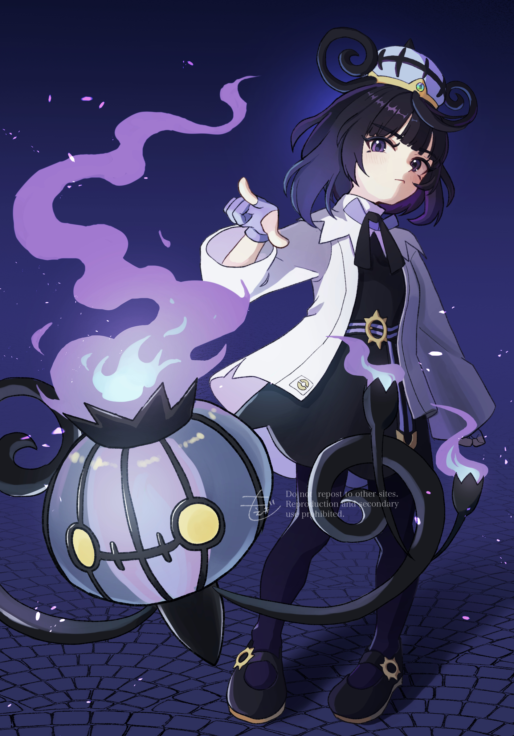 moegi itsukashi, chandelure, gwynn (pokemon), nintendo, pokemon, pokemon legends: z-a, commentary request, highres, revision, 1girl, belt, belt buckle, black dress, black hair, black pantyhose, black shoes, bob cut, buckle, closed mouth, coat, dress, full body, gen 5 pokemon, gloves, gradient hair, hat, long sleeves, looking at viewer, mega stone, multicolored hair, o-ring, o-ring belt, open clothes, open coat, pantyhose, partially fingerless gloves, pointing, pokemon (creature), purple eyes, purple gloves, purple hair, shoes, short hair, white coat