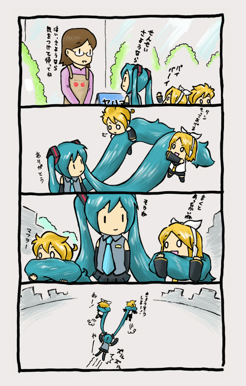 shimota, hatsune miku, kagamine len, kagamine rin, vocaloid, translation request, 4koma, chibi, comic, grabbing another's hair, holding another's hair, long hair, twintails, very long hair