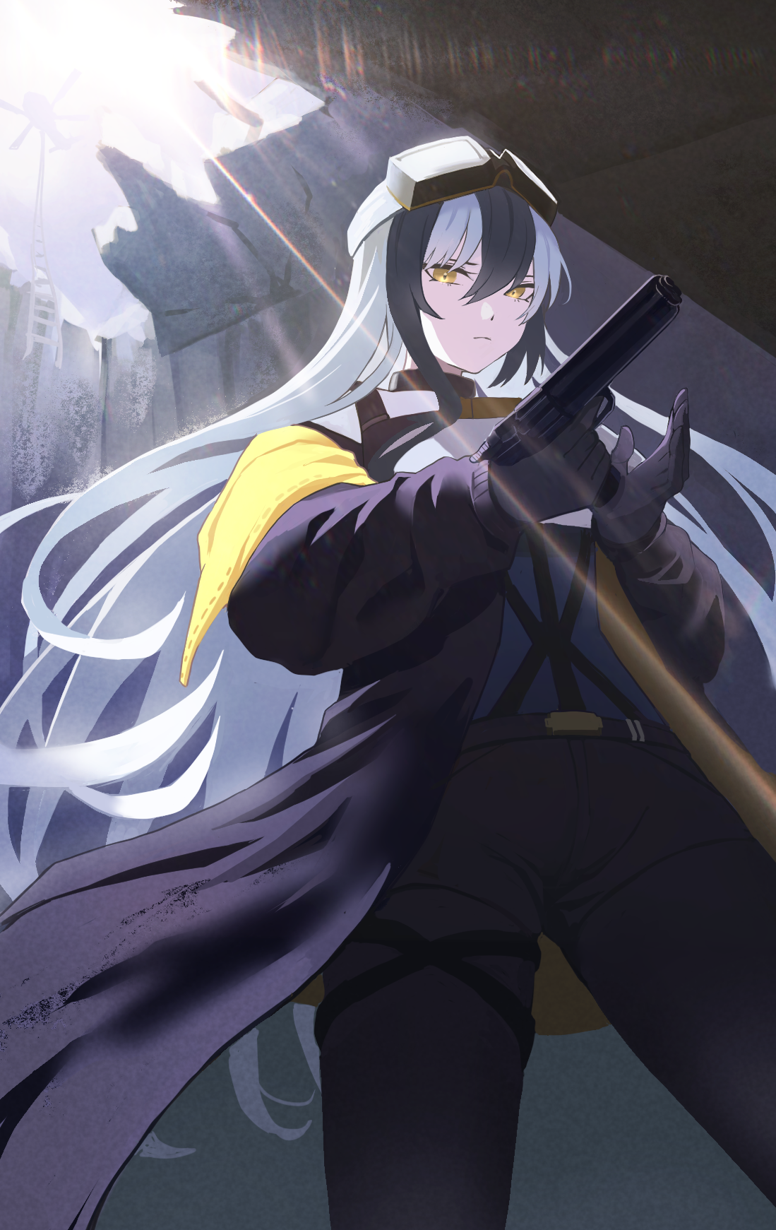 oro (lsg0624), original, commentary, commentary request, english commentary, highres, mixed-language commentary, 1girl, aircraft, black gloves, black hair, black jacket, black pants, closed mouth, cowboy shot, from below, gloves, goggles, goggles on head, gun, hair between eyes, handgun, helicopter, holding, holding gun, holding weapon, jacket, ladder, long hair, long sleeves, looking at viewer, multicolored hair, open clothes, open jacket, pants, rope ladder, ruins, serious, solo, two-tone hair, weapon, white hair, yellow eyes