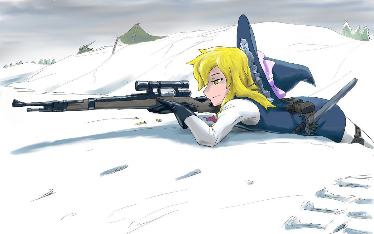 buncha to imon, kirisame marisa, perfect cherry blossom, touhou, sniper, 1girl, adapted costume, aiming, blonde hair, bolt action, contemporary, female focus, gloves, gun, hat, karabiner 98k, knife, mauser 98, military, military vehicle, motor vehicle, rifle, shell casing, sniper rifle, snow, solo, tank, weapon, witch, witch hat, yellow eyes
