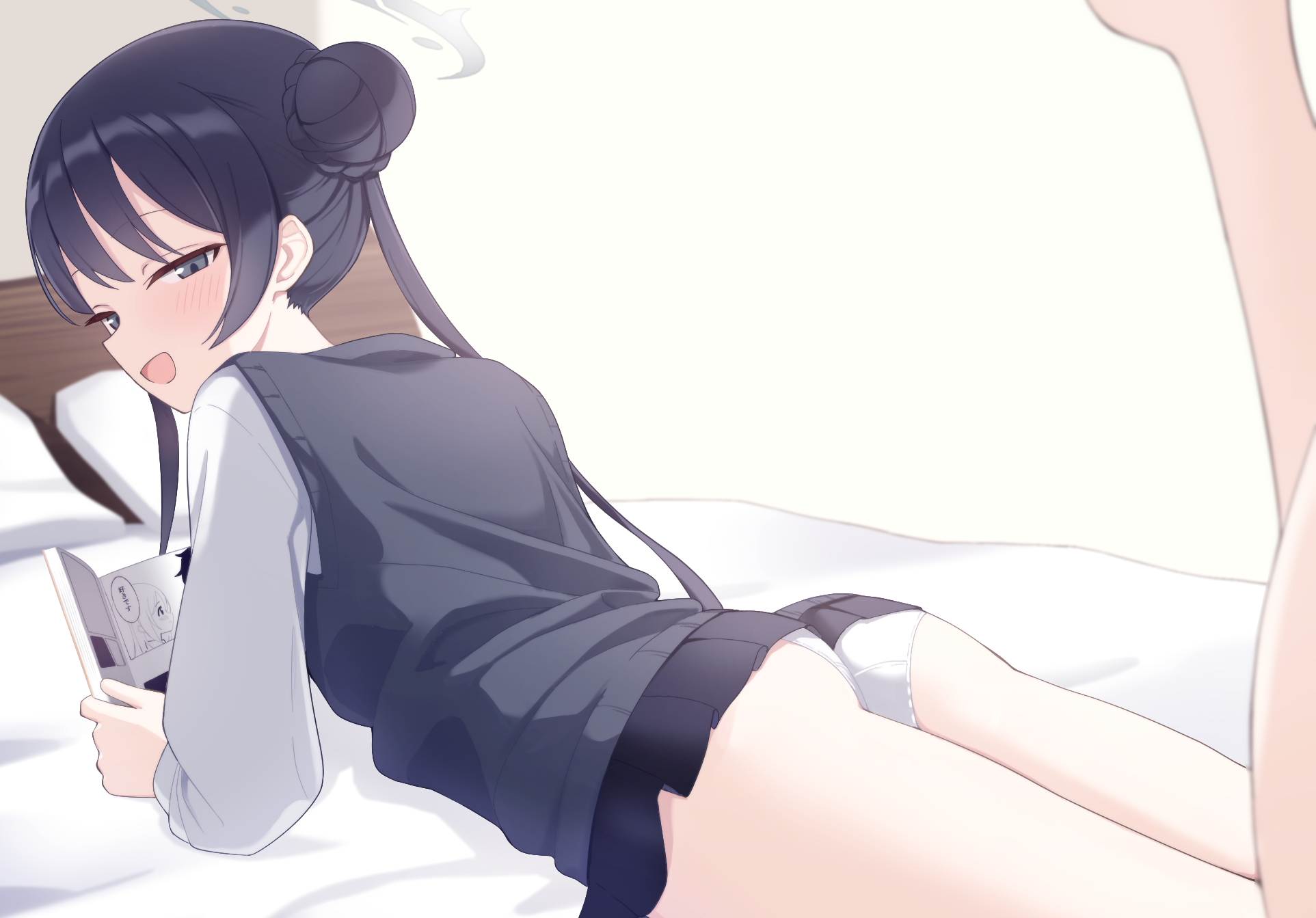 minamino 3730, kisaki (blue archive), blue archive, commentary request, highres, 1girl, alternate costume, ass, black cardigan, black eyes, black hair, black skirt, blush, book, cardigan, chinese hairstyle, hair bun, holding, holding book, legs up, long hair, looking at viewer, lying, miniskirt, on stomach, open mouth, panties, shirt, single side bun, skirt, solo, underwear, very long hair, white panties, white shirt