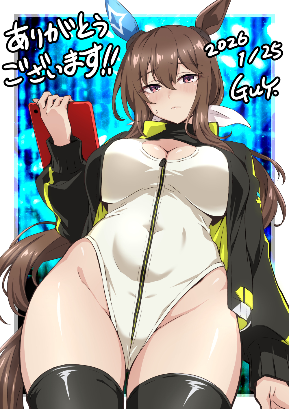 nakahira guy, admire vega (umamusume), alice gear aegis, umamusume, commentary request, highres, 1girl, animal ears, black jacket, black thighhighs, blue background, brown eyes, brown hair, circle cutout, cleavage cutout, clothing cutout, companion/af, covered collarbone, cowboy shot, dated, ear covers, from below, front zipper, full-length zipper, heattech leotard, highleg, highleg leotard, horse ears, horse girl, horse tail, jacket, leotard, long hair, looking at viewer, low ponytail, multicolored leotard, ponytail, race queen, single ear cover, solo, tablet pc, tail, thighhighs, turtleneck, two-tone leotard, white leotard, zipper, zipper leotard, zipper pull tab