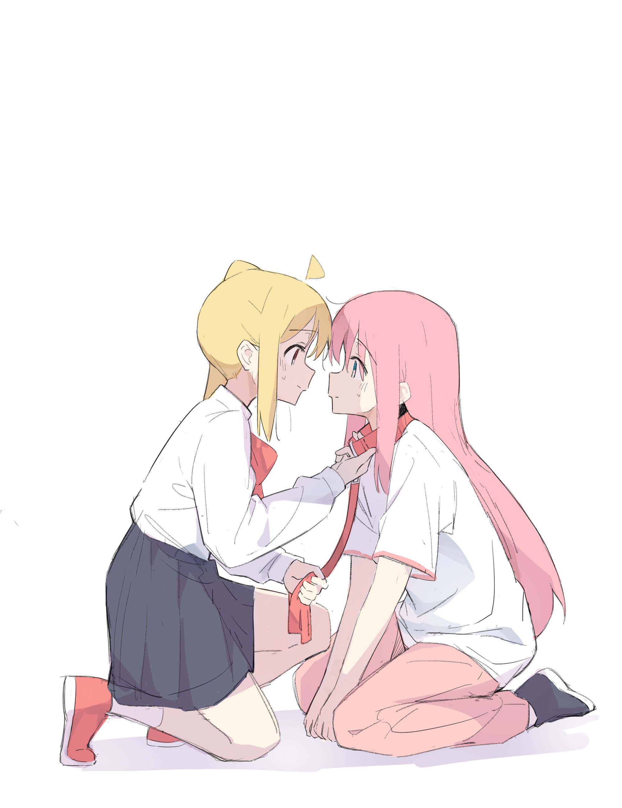 gotoh hitori, bocchi the rock!, absurdres, commentary request, highres, ahoge, black skirt, blonde hair, blue eyes, bow, bowtie, collar, detached ahoge, holding, holding leash, kke580, leash, long hair, on one knee, pants, pink hair, pink pants, pleated skirt, red bow, red bowtie, red eyes, shirt, side ponytail, skirt, white background, white shirt, yuri