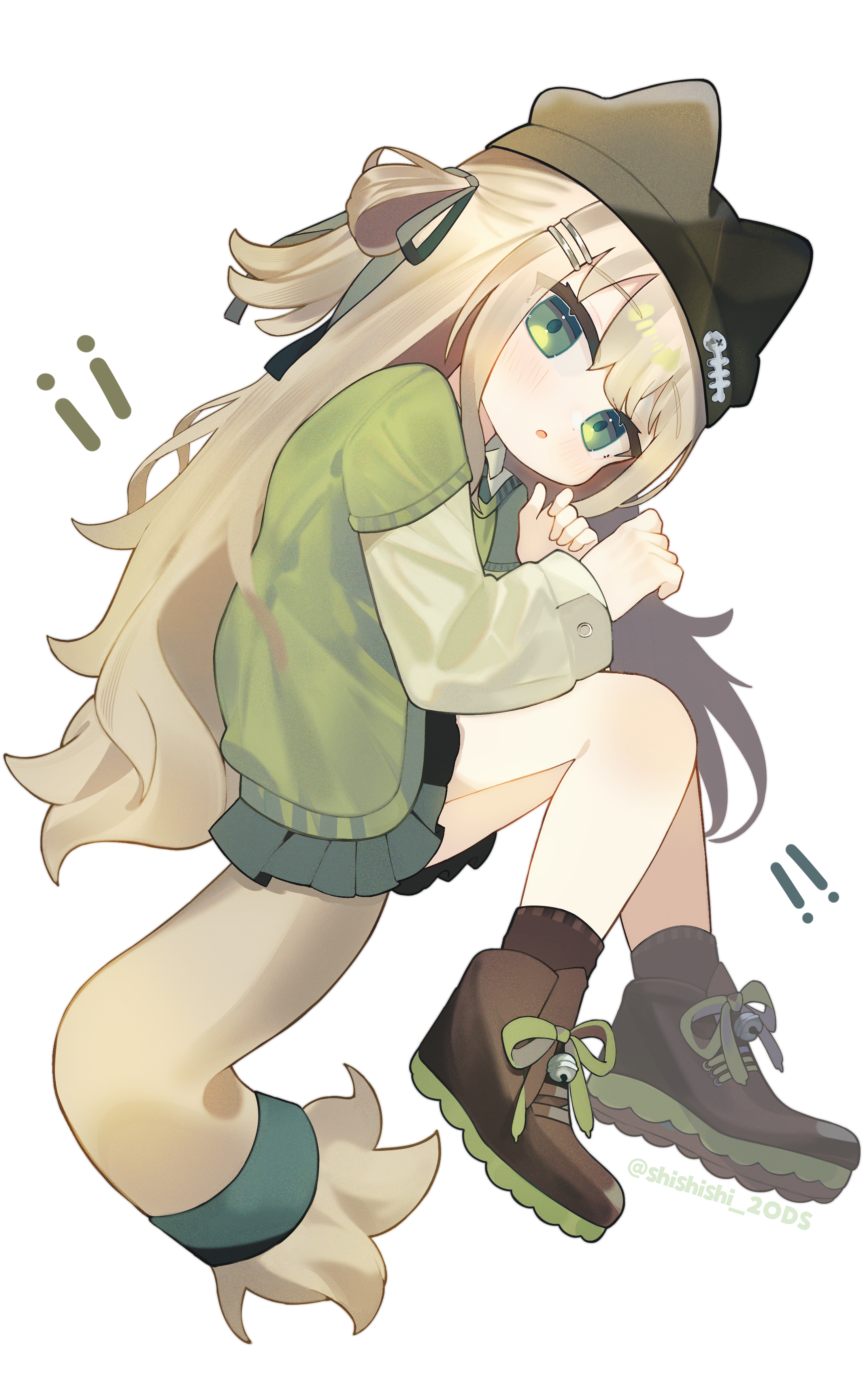 shishiodoshi, kipfel (vrchat), vrchat, absurdres, commentary request, highres, !, !!, 1girl, :o, animal hat, black hat, boots, brown boots, brown hair, brown socks, cat girl, cat hat, cat tail, cowboy shot, from side, full body, green eyes, green ribbon, green skirt, green sweater, hair ornament, hair ribbon, hairclip, hat, lace-up boots, layered sleeves, long hair, long sleeves, looking at viewer, miniskirt, one side up, open mouth, parallel hairclips, pleated skirt, ribbon, short over long sleeves, short sleeves, simple background, skirt, socks, solo, sweater, tail