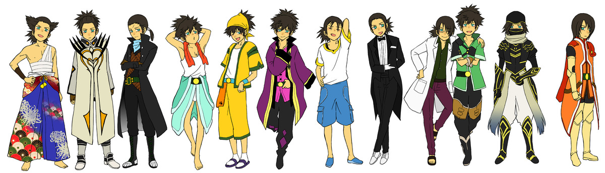 azumakenji, mishima heihachi, raven (tales), ricardo soldato, schwann oltorain, van grants, alfa system, tales of (series), tales of innocence, tales of the abyss, tales of vesperia, tekken, spoilers, 1boy, alternate costume, armor, bandana, barefoot, black hair, blue hakama, boots, bow, bowtie, coat, cosplay, costume chart, crossed arms, formal clothes, glasses, gloves, green eyes, hakama, hakama skirt, in-franchise crossover, japanese clothes, male focus, mishima heihachi (cosplay), multiple persona, official alternate costume, one eye closed, ricardo soldato (cosplay), scarf, shoes, shorts, skirt, smile, suit, surcoat, towel, traditional bowtie, tuxedo, van grants (cosplay), white background, wink