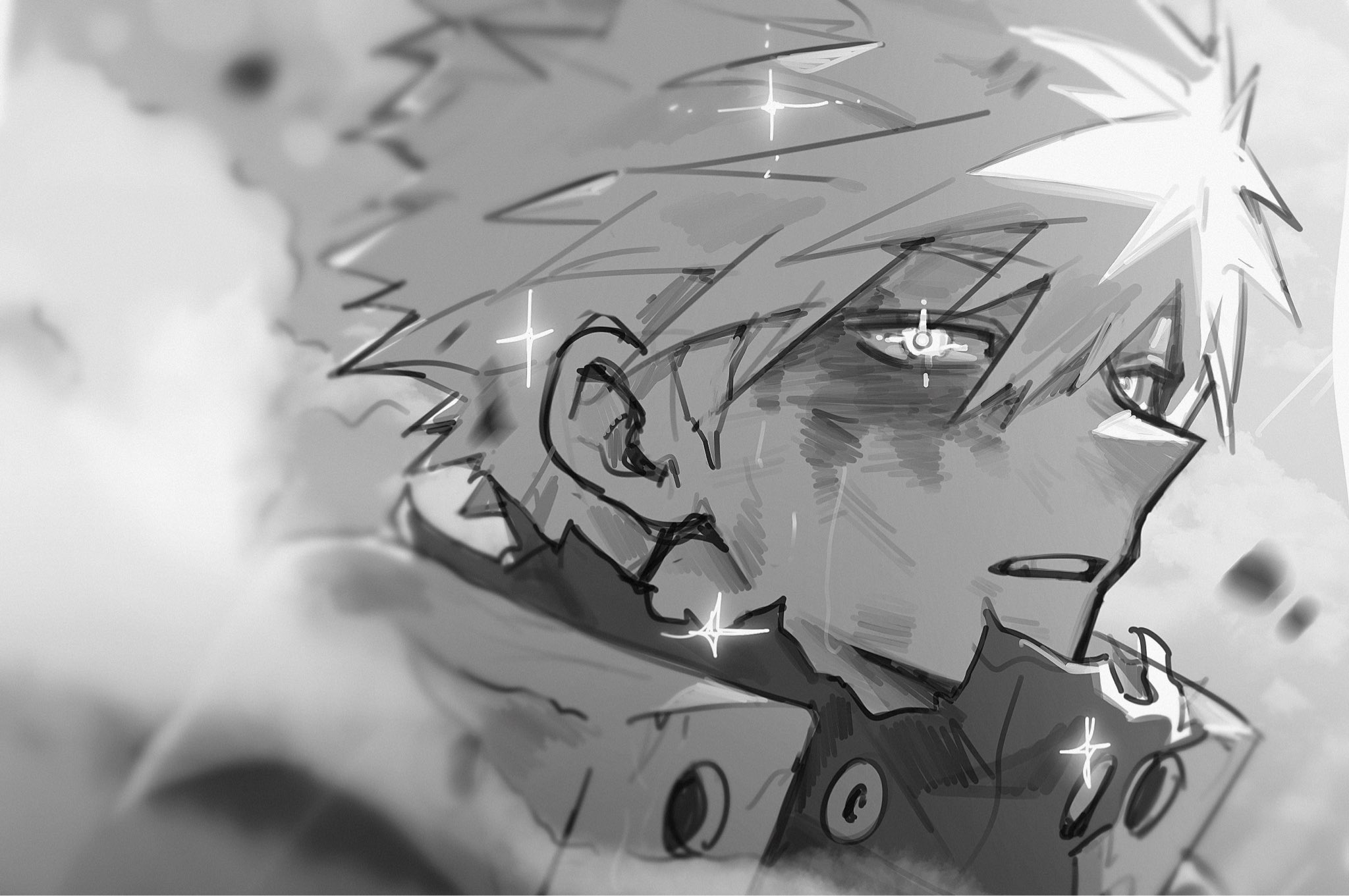 bakugou katsuki, boku no hero academia, commentary, english commentary, highres, 1boy, blood, blood on face, from side, greyscale, injury, looking at viewer, male focus, monochrome, open mouth, parted bangs, round teeth, shirt, snowflooks, solo, teeth, torn clothes, torn shirt