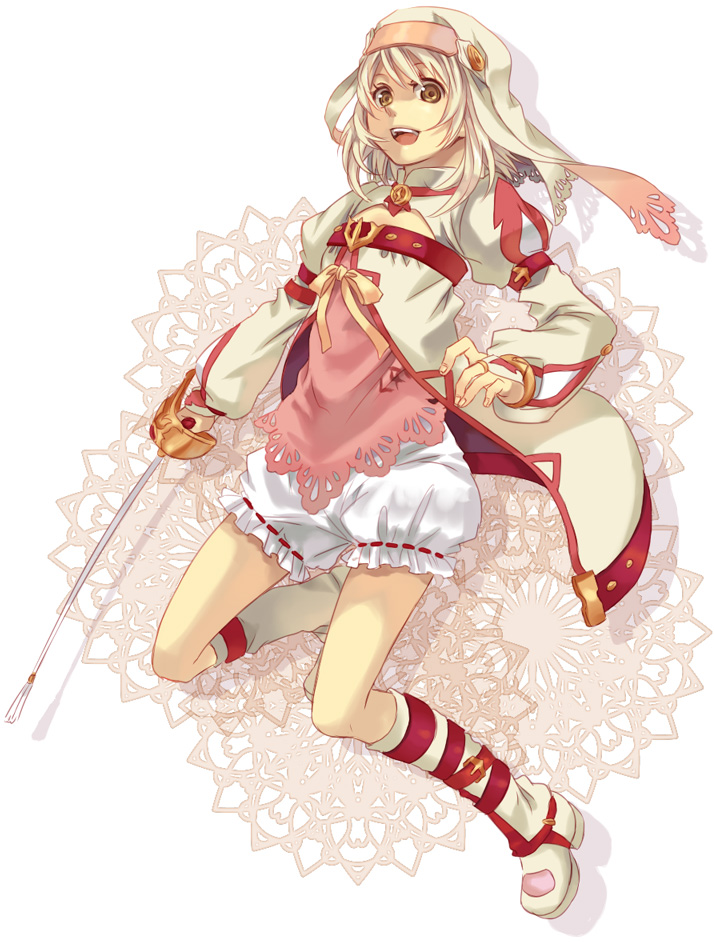 miho (mi), alice (tales), tales of (series), tales of symphonia, tales of symphonia: dawn of the new world, 00s, 1girl, bloomers, boots, female focus, full body, hat, knee boots, rapier, short hair, smile, solo, sword, underwear, weapon, white background, white bloomers, white hair, yellow eyes