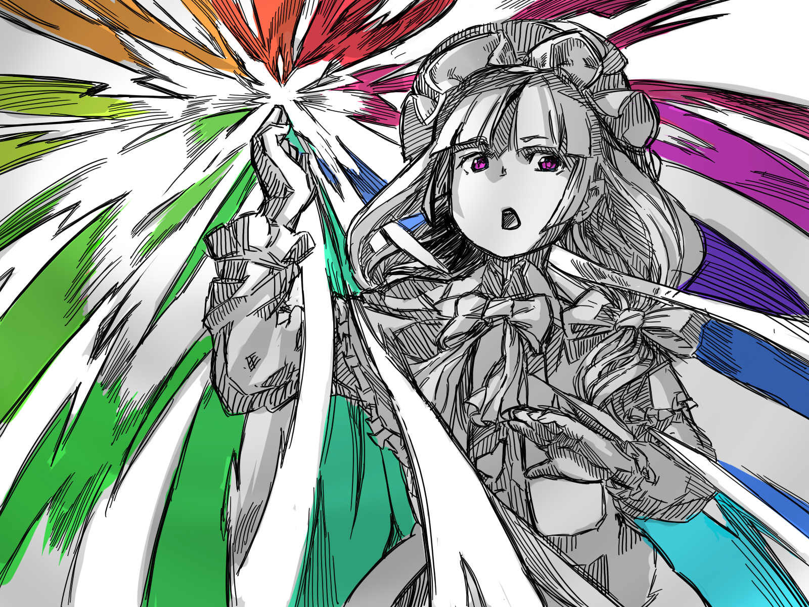 suzuki ritsu, patchouli knowledge, touhou, highres, 1girl, dress, female focus, hat, magic, monochrome, purple eyes, rainbow background, sketch, solo, spot color