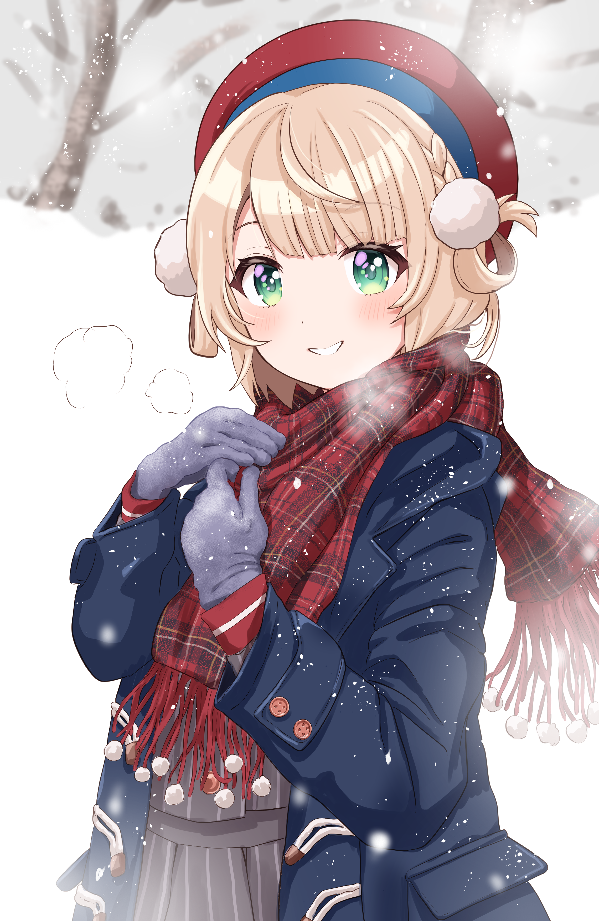 lingmu, shigure ui (1st costume) (vtuber), shigure ui (vtuber), indie virtual youtuber, absurdres, commentary request, highres, 1girl, beret, blonde hair, blue coat, blue gloves, blush, coat, gloves, green eyes, grey jacket, grey skirt, grin, hair ornament, hair rings, hands on own chest, hat, jacket, looking at viewer, medium hair, open clothes, open coat, outdoors, plaid clothes, plaid scarf, pom pom (clothes), pom pom hair ornament, puff of air, red hat, red scarf, scarf, skirt, smile, snow, snowing, solo, striped clothes, striped jacket, striped skirt, upper body, vertical-striped clothes, vertical-striped jacket, vertical-striped skirt, virtual youtuber, winter, winter clothes