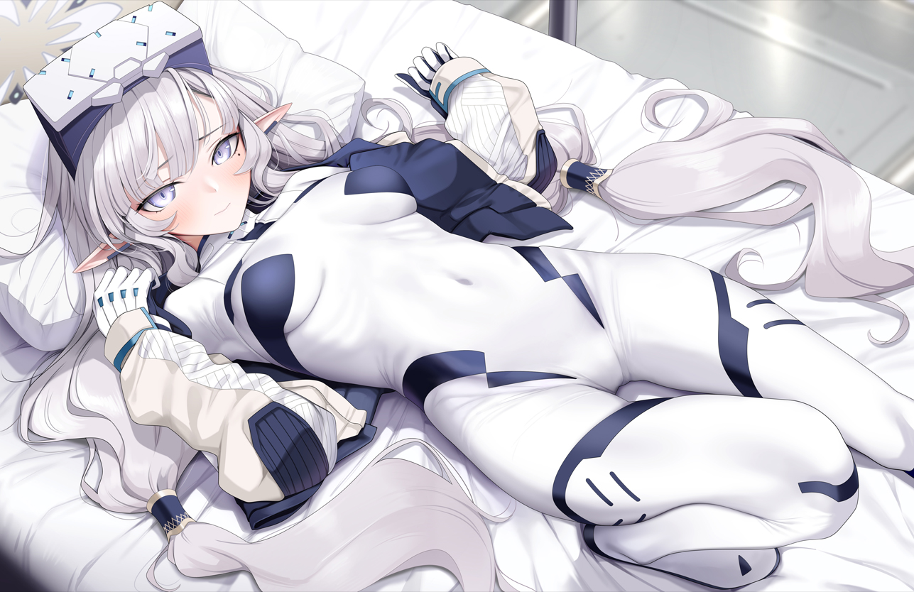 fed (giba), himari (armed) (blue archive), himari (blue archive), blue archive, commentary request, 1girl, blush, bodysuit, breasts, covered navel, halo, indoors, long hair, lying, pointy ears, purple eyes, small breasts, solo, white hair