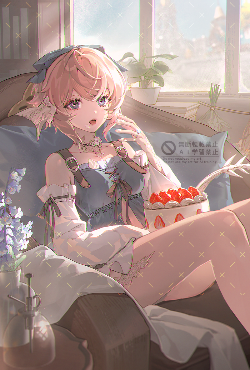 bamcream, warrior of light (ff14), final fantasy, final fantasy xiv, commentary, commission, english commentary, revision, 1girl, bare shoulders, blonde hair, blue bow, blue shirt, bow, breasts, brown eyes, cake, couch, detached sleeves, feet out of frame, flower, food, hair bow, indoors, long sleeves, looking at viewer, medium breasts, open mouth, shirt, short hair, sitting, sleeveless, sleeveless shirt, solo, strawberry cake, vase, watermark, white sleeves