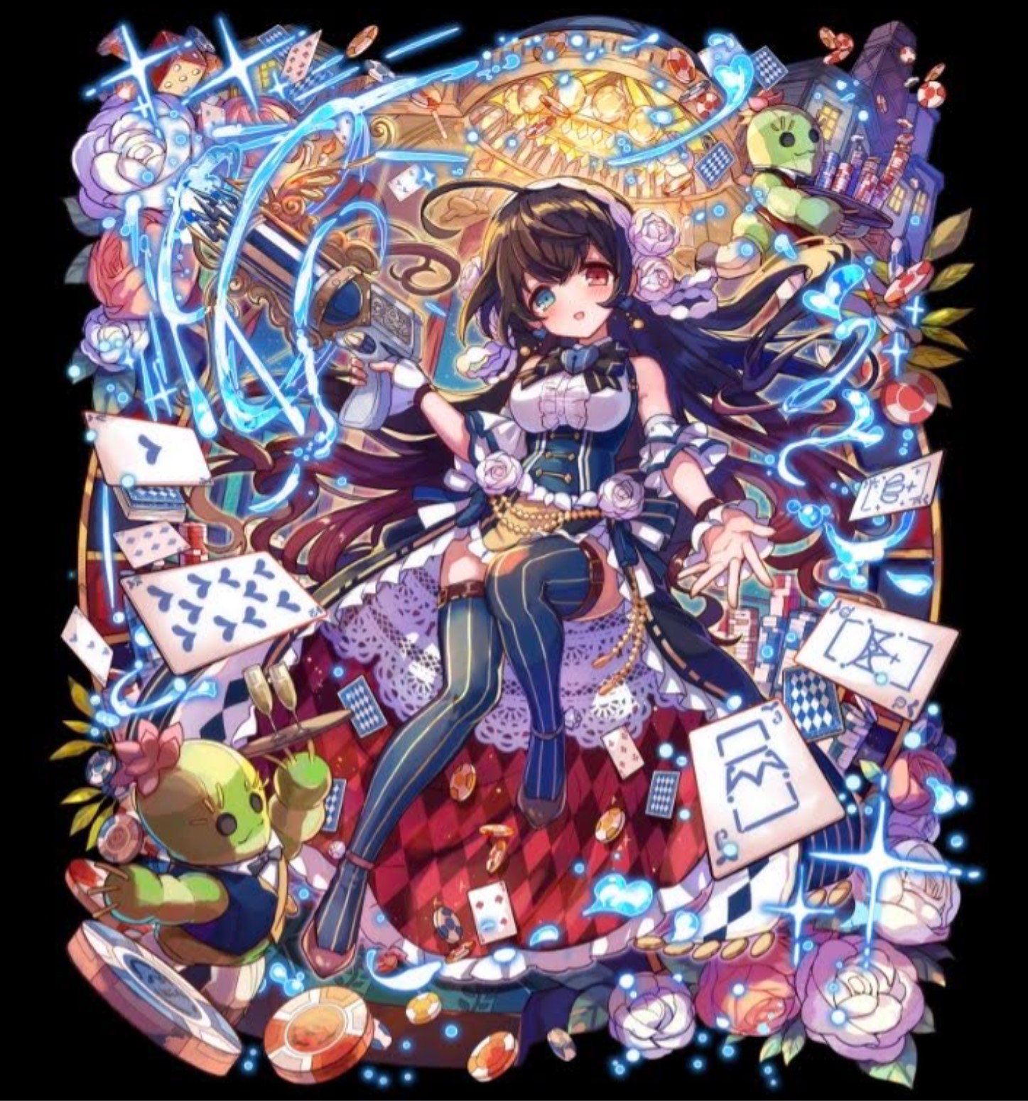 merc storia art team, merc storia, highres, official art, 1girl, black background, blue eyes, blue thighhighs, blush, bow (weapon), breasts, brown shoes, building, card, coin, collared dress, crossbow, crossbow bolt, dress, flats, flower, full body, hair between eyes, hair flower, hair ornament, hairband, head tilt, heterochromia, holding, holding crossbow, holding weapon, large breasts, long hair, open hand, open mouth, red eyes, repeating crossbow, rose, roulevette (merc storia), shoes, sidelocks, simple background, sleeveless, sleeveless dress, smile, solo, spread fingers, striped clothes, striped thighhighs, tachi-e, thighhighs, thighs, underbust, very long hair, weapon, white flower, white hairband