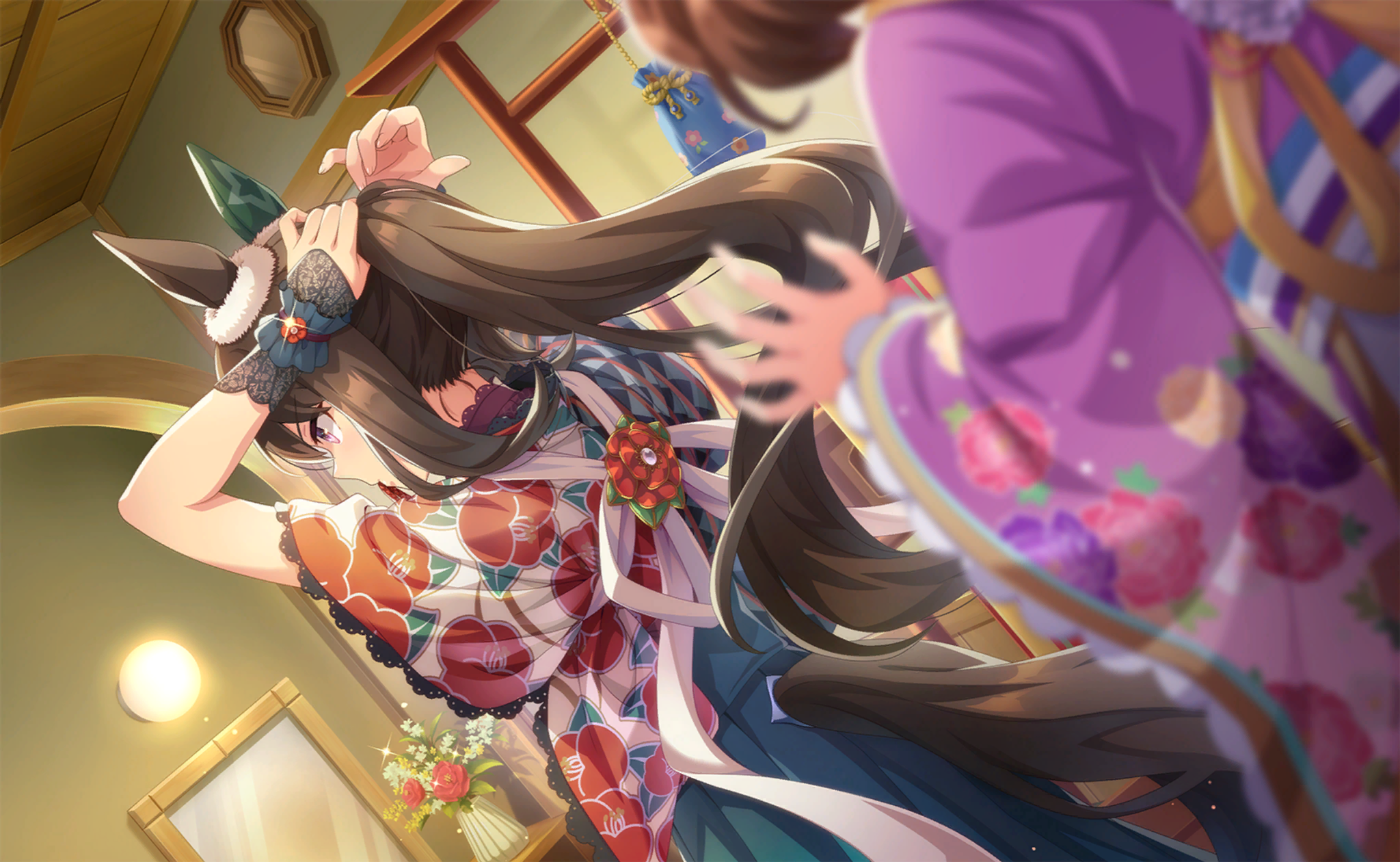 admire vega (lucky star in the sky) (umamusume), admire vega (umamusume), meisho doto (padding sores should she go flying) (umamusume), meisho doto (umamusume), umamusume, artist request, game cg, highres, official art, third-party source, 2girls, adjusting hair, animal ears, aqua hakama, arm warmers, back ribbon, black arm warmers, black wrist cuffs, blurry, blurry foreground, brown hair, cowboy shot, dressing room, dutch angle, ear covers, ear ornament, eyelashes, floral print, flower, frilled wrist cuffs, frills, from behind, hakama, hakama skirt, horse ears, horse tail, indoors, japanese clothes, kimono, lace, lace-trimmed kimono, lace-trimmed sleeves, lace arm warmers, lace trim, light particles, long hair, long sleeves, multiple girls, official alternate costume, parted lips, pointy nose, ponytail, print kimono, purple eyes, purple kimono, red flower, ribbon, short hair, single ear cover, skirt, sparkle, tail, vase, very long hair, wavy hair, white flower, white hakama, white kimono, white ribbon, wide sleeves, wrist cuffs, yellow ribbon