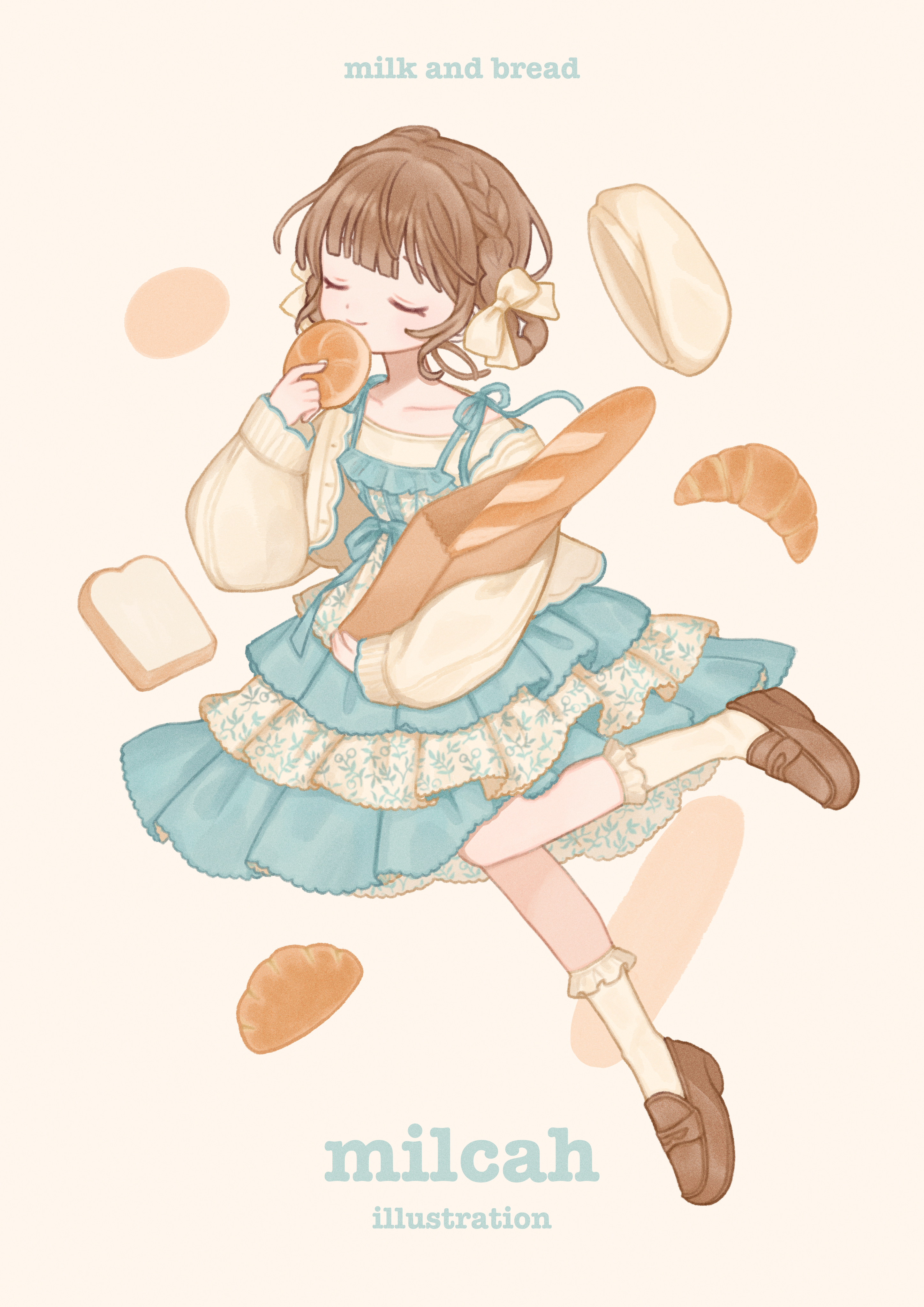 milcah, original, absurdres, commentary request, highres, 1girl, artist name, baguette, blue skirt, blunt bangs, bow, bread, brown hair, brown shoes, closed eyes, closed mouth, collarbone, croissant, food, frilled socks, frills, full body, hair bow, hat, holding, holding food, long sleeves, shirt, shoes, short hair, simple background, skirt, smile, socks, solo, standing, standing on one leg, unworn hat, unworn headwear, white background, white hat, white socks, yellow bow, yellow shirt