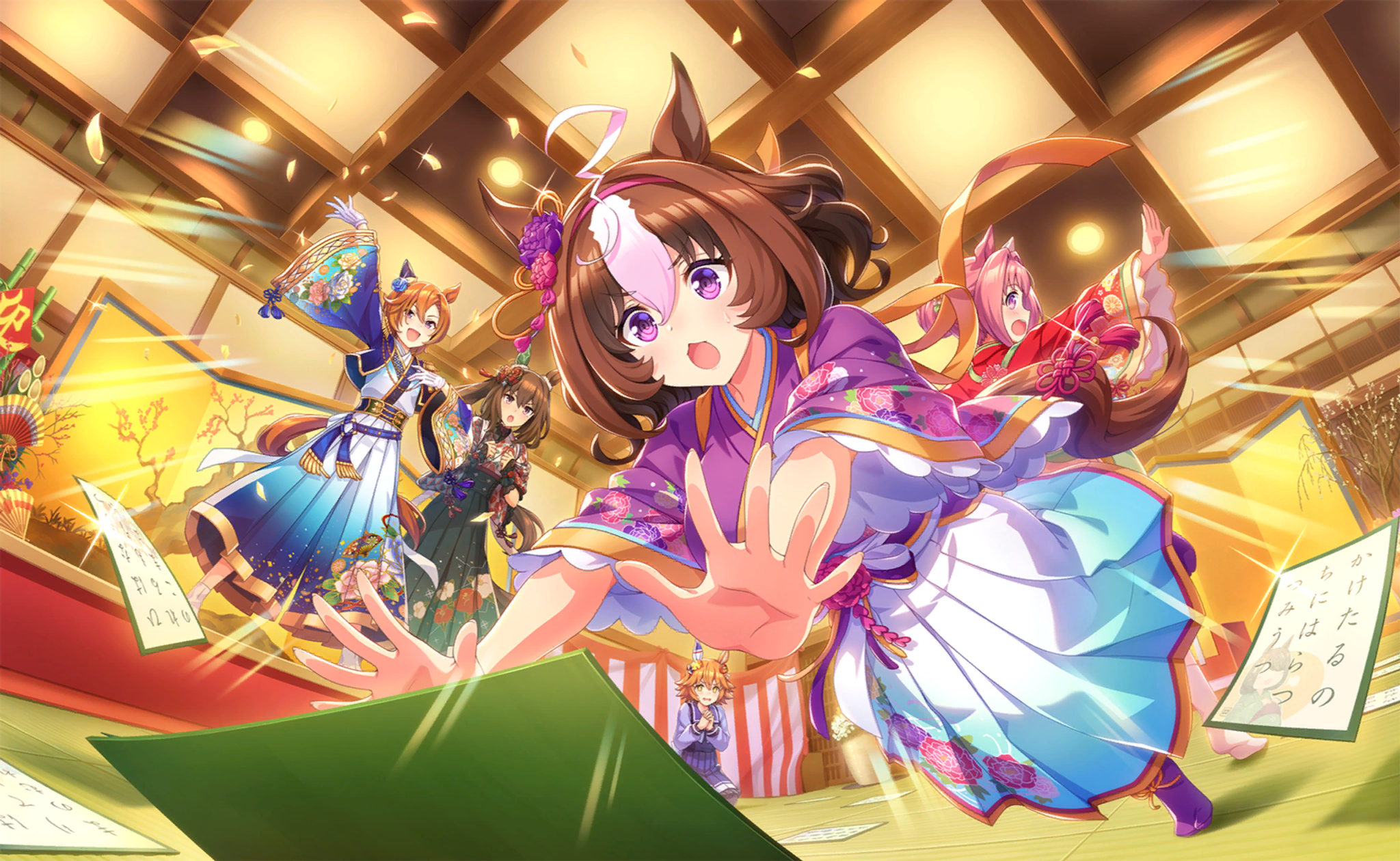 admire vega (lucky star in the sky) (umamusume), admire vega (umamusume), haru urara (new year new urara!) (umamusume), haru urara (umamusume), matikanefukukitaru (umamusume), meisho doto (padding sores should she go flying) (umamusume), meisho doto (umamusume), t.m. opera o (new year same radiance!) (umamusume), t.m. opera o (umamusume), umamusume, game cg, highres, official art, 5girls, ahoge, animal ears, blue sailor collar, blush, brown eyes, brown hair, ear covers, emphasis lines, falling, floral print, floral print kimono, flower, gloves, green flower, green skirt, hair bun, hair flower, hair ornament, hairband, hakama, hakama skirt, horse ears, horse girl, horse tail, japanese clothes, kimono, kneeling, multicolored hair, multiple girls, official alternate costume, open mouth, orange eyes, orange hair, own hands clasped, own hands together, pink eyes, pink flower, pink hair, pink hairband, pleated skirt, print kimono, purple flower, purple kimono, purple sailor collar, purple skirt, red flower, red kimono, sailor collar, school uniform, single ear cover, skirt, sweat, tail, tracen school uniform, two-tone hair, white gloves, white hair, white kimono, white skirt