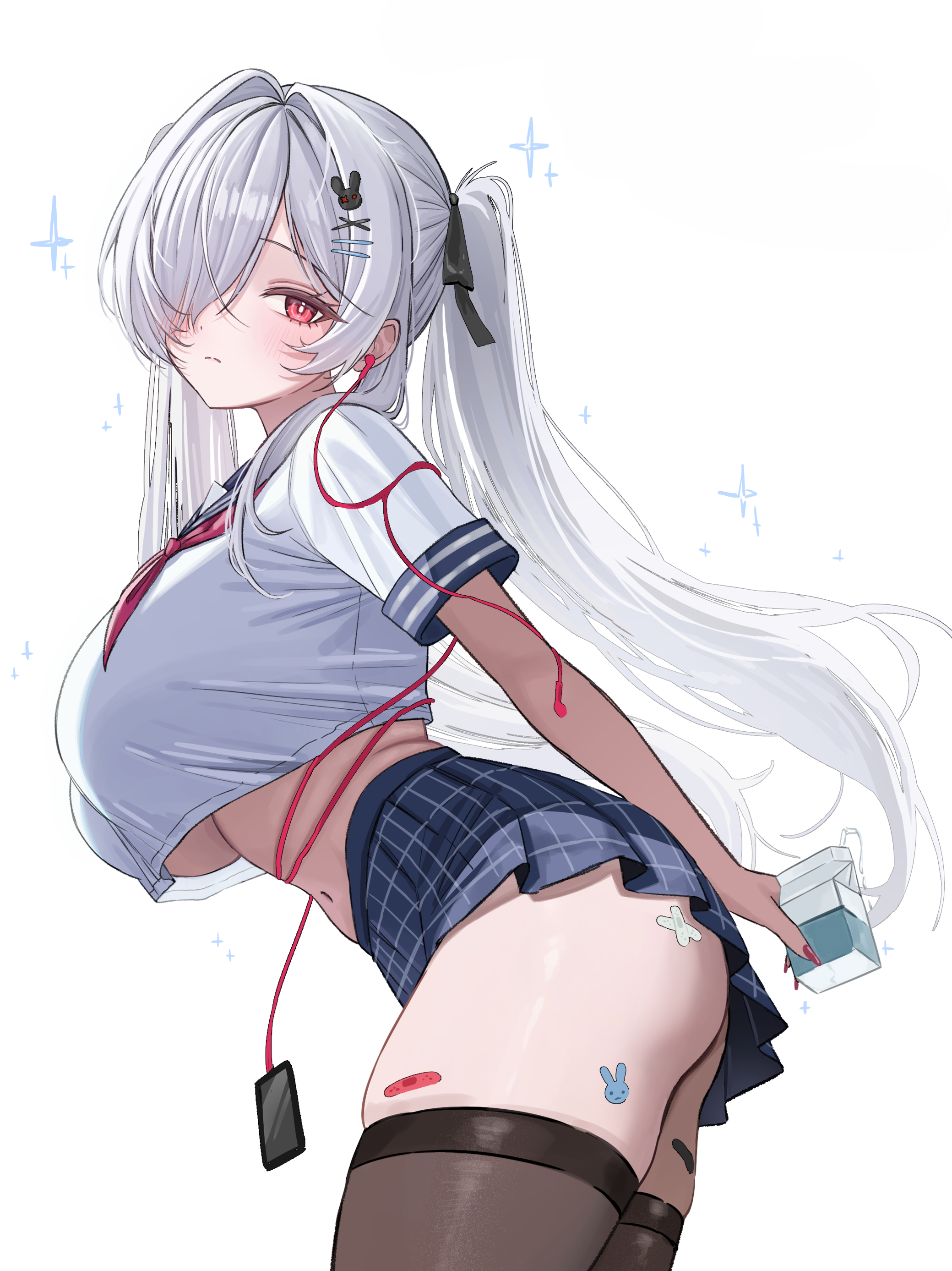 yamu (yamu 030), cinderella (nikke), goddess of victory: nikke, absurdres, commentary, english commentary, highres, 1girl, alternate costume, ass, bandaid, bandaid on leg, bent over, blue sailor collar, blue skirt, breasts, brown thighhighs, cellphone, closed mouth, cowboy shot, crop top, crop top overhang, drink carton, earphones, from side, hair ornament, hair over one eye, hair ribbon, hairclip, holding, holding milk carton, large breasts, long hair, looking at viewer, looking to the side, midriff, milk carton, miniskirt, navel, neckerchief, phone, pleated skirt, red eyes, red neckerchief, ribbon, sailor collar, school uniform, serafuku, shirt, short sleeves, simple background, skindentation, skirt, smartphone, solo, thighhighs, thighs, twintails, underboob, very long hair, white background, white hair, white shirt, zettai ryouiki