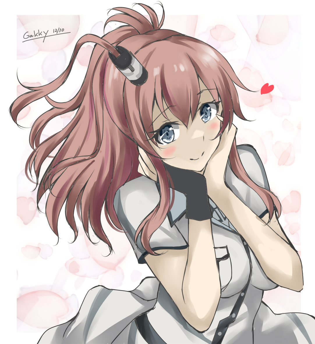 gakky, saratoga (kancolle), saratoga mk ii (kancolle), kantai collection, commentary request, 1girl, black gloves, breast pocket, brown hair, dress, fingerless gloves, gloves, grey dress, grey eyes, hands on own face, high side ponytail, long hair, looking at viewer, one-hour drawing challenge, pocket, ponytail, side ponytail, single glove, smokestack hair ornament, solo, upper body