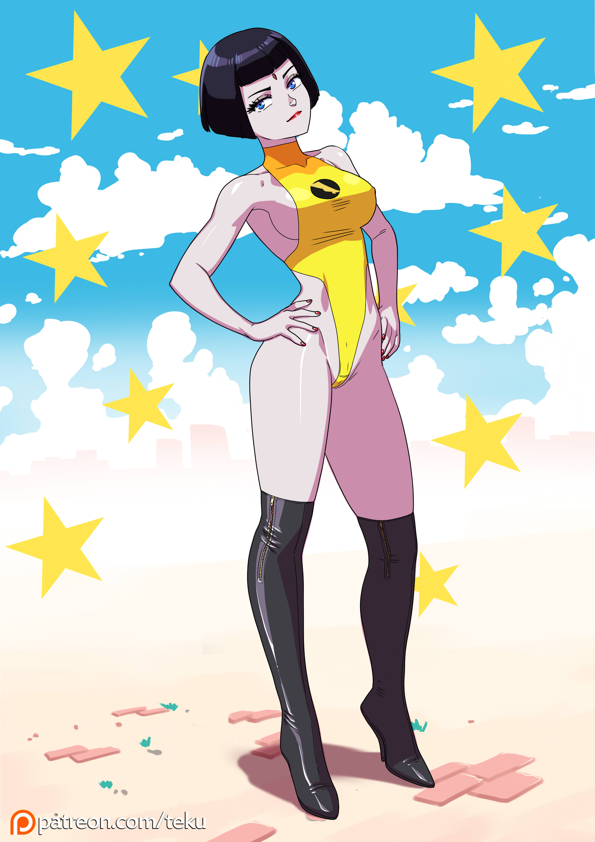 tekuho no habo, raven (dc), dc comics, teen titans, black hair, blue eyes, blunt bangs, boots, breasts, forehead jewel, hands on own hips, knee boots, leotard, pale skin, short hair, sideboob