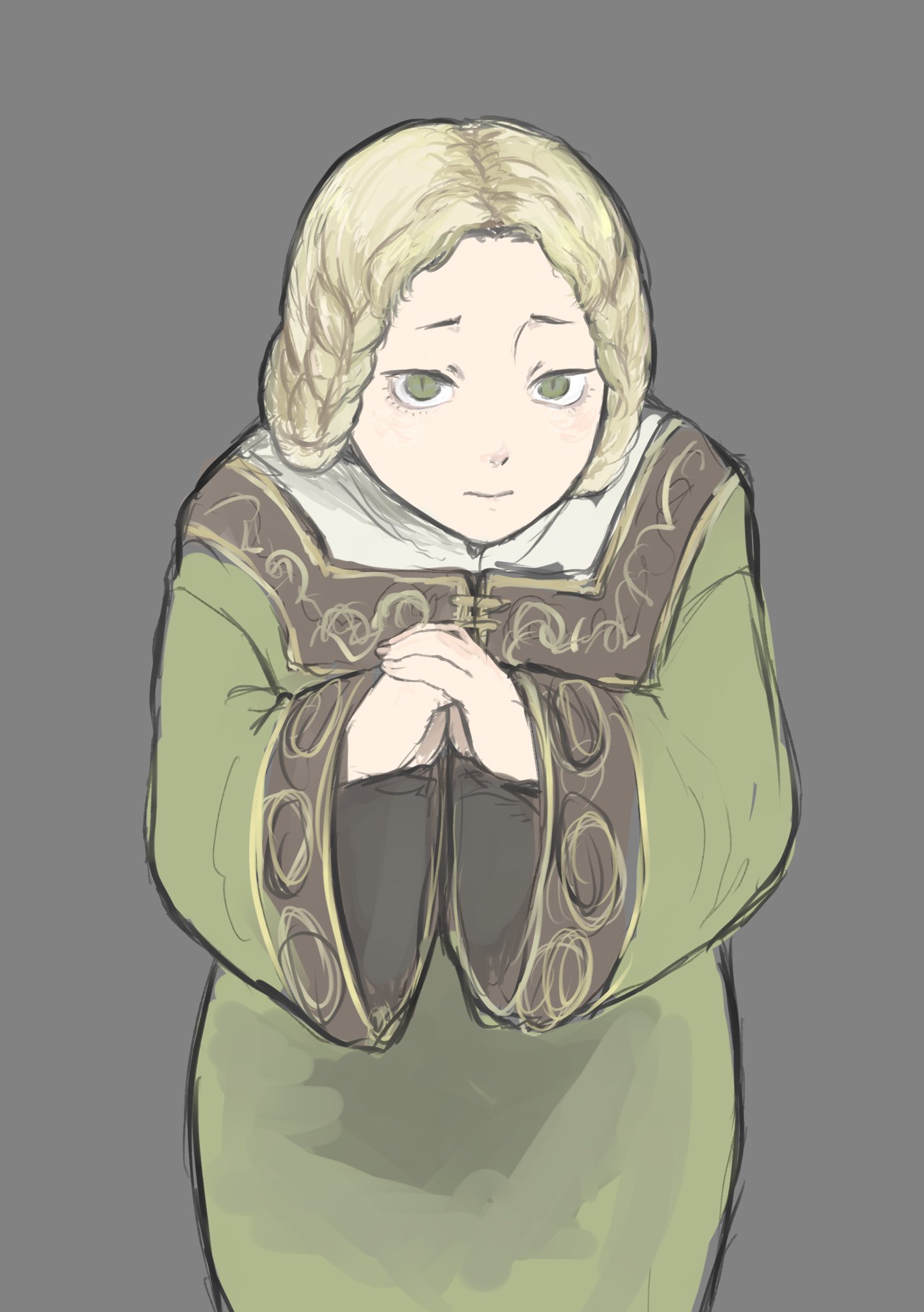 yamanobori, rya (elden ring), elden ring, commentary request, highres, 1girl, blonde hair, braid, braided hair rings, closed mouth, dress, green dress, green eyes, grey background, hair rings, hunched over, long sleeves, looking at viewer, ornate clothes, own hands together, short hair, simple background, slit pupils, slouching, snake girl, solo, upper body