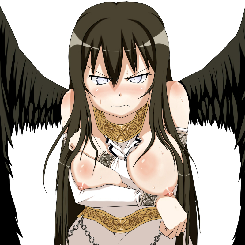 negetsu, morrighan, mabinogi, 1girl, angel wings, angry, arm support, between breasts, black hair, black wings, blush, breasts, deep skin, detached sleeves, embarrassed, female focus, huge breasts, large breasts, long hair, nipples, solo, sweat, very long hair, white eyes, wings