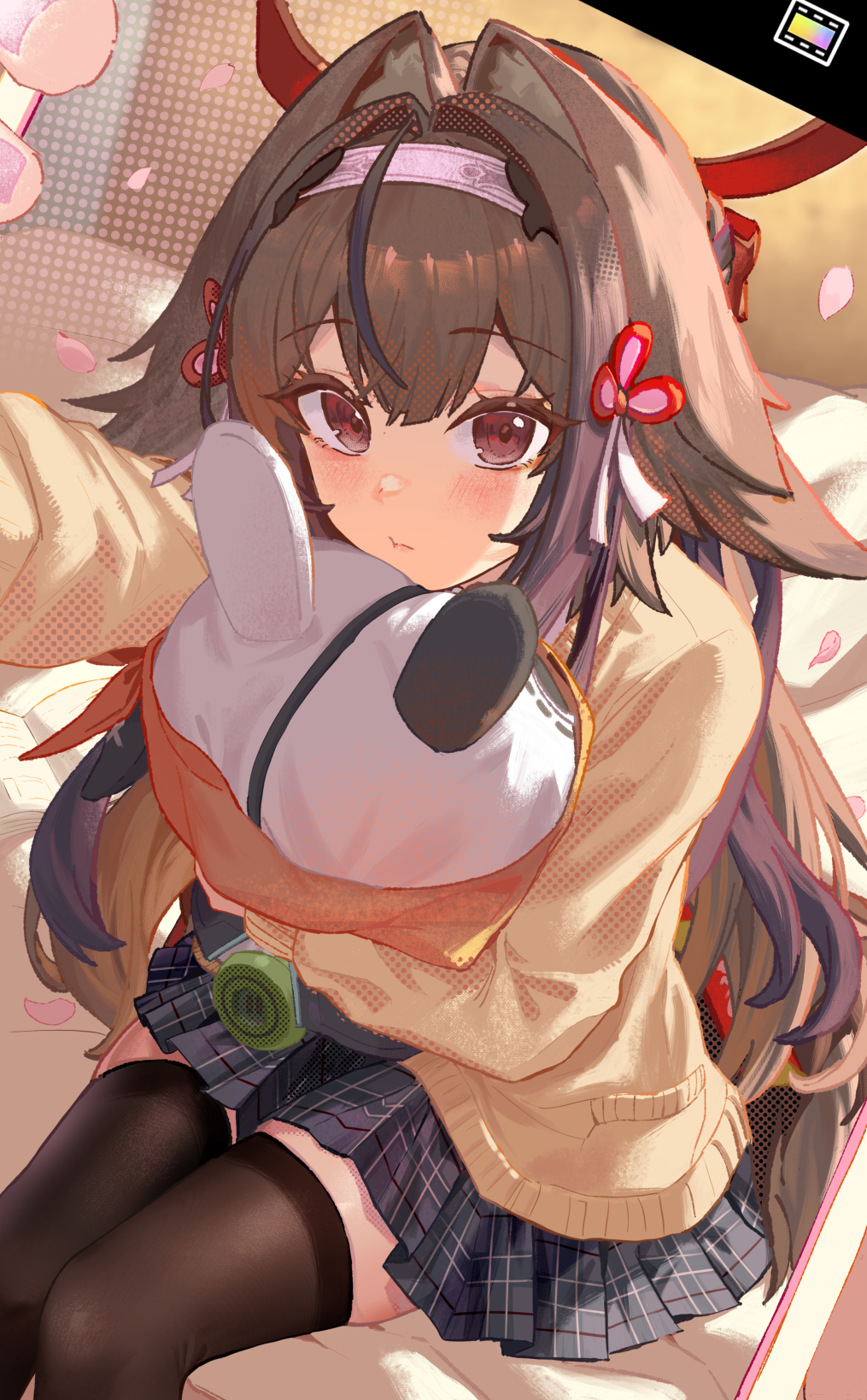 mashaer, bangboo (zenless zone zero), ye shunguang, zenless zone zero, commentary, english commentary, highres, 1girl, alternate costume, animal ear fluff, animal ears, blush, brown cardigan, brown hair, brown thighhighs, cardigan, closed mouth, clover, clover hair ornament, droopy ears, grey skirt, hair ornament, hairband, holding, holding stuffed toy, long hair, looking at another, on bed, pink nails, plaid clothes, plaid skirt, red eyes, school uniform, selfie, sitting, skirt, solo, stuffed animal, stuffed toy, thighhighs, very long hair, white hairband, zettai ryouiki
