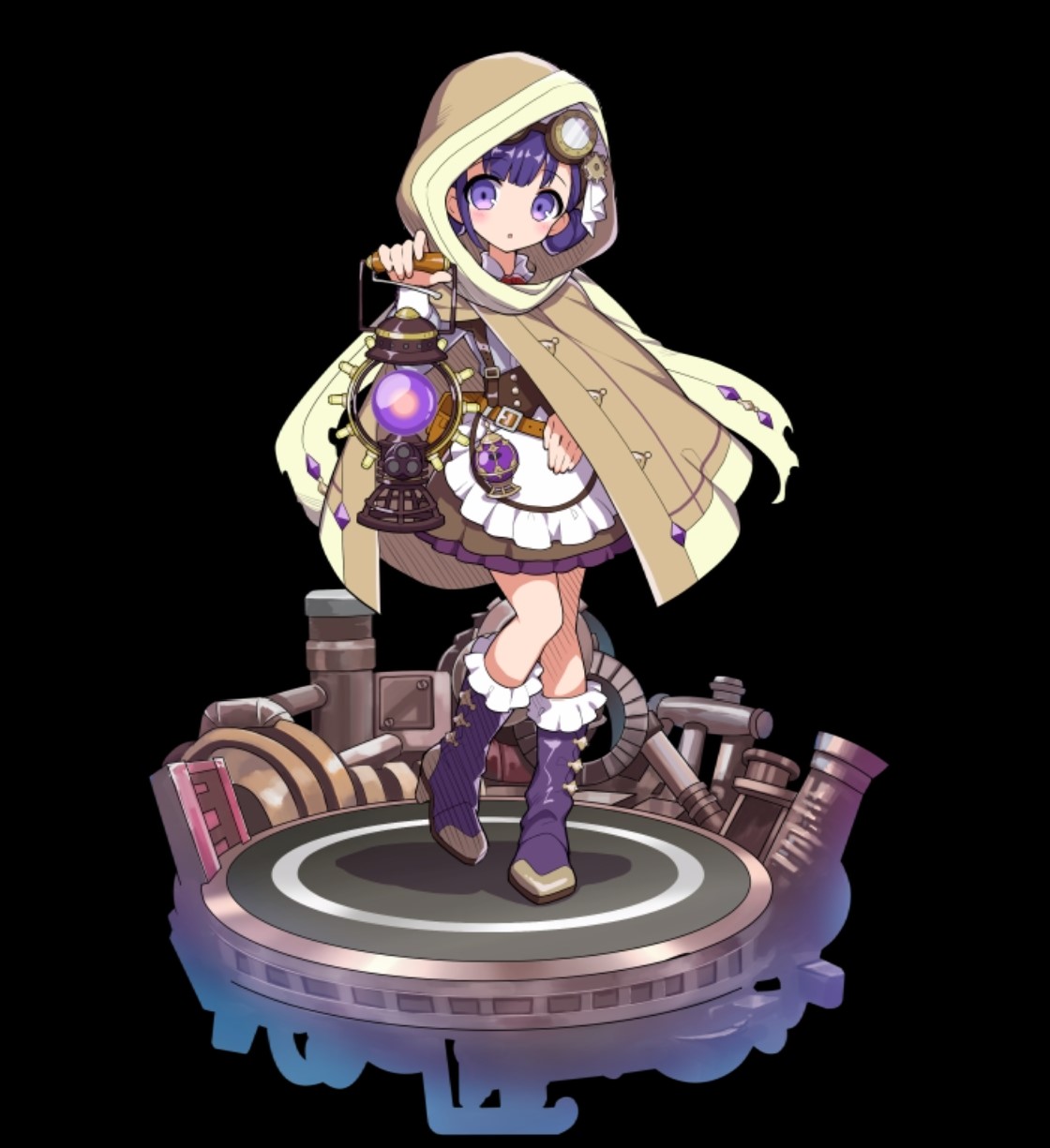 merc storia art team, merc storia, highres, official art, 1girl, :o, apron, belt, black background, blush, boots, brown belt, brown cloak, cloak, collar, dorothy (merc storia), double bun, dress, full body, hair bun, holding, holding lantern, hood, hooded cloak, knee boots, lantern, purple boots, purple eyes, purple hair, short dress, simple background, single sidelock, solo, standing, tachi-e, underbust, waist apron, white apron, white collar, white dress