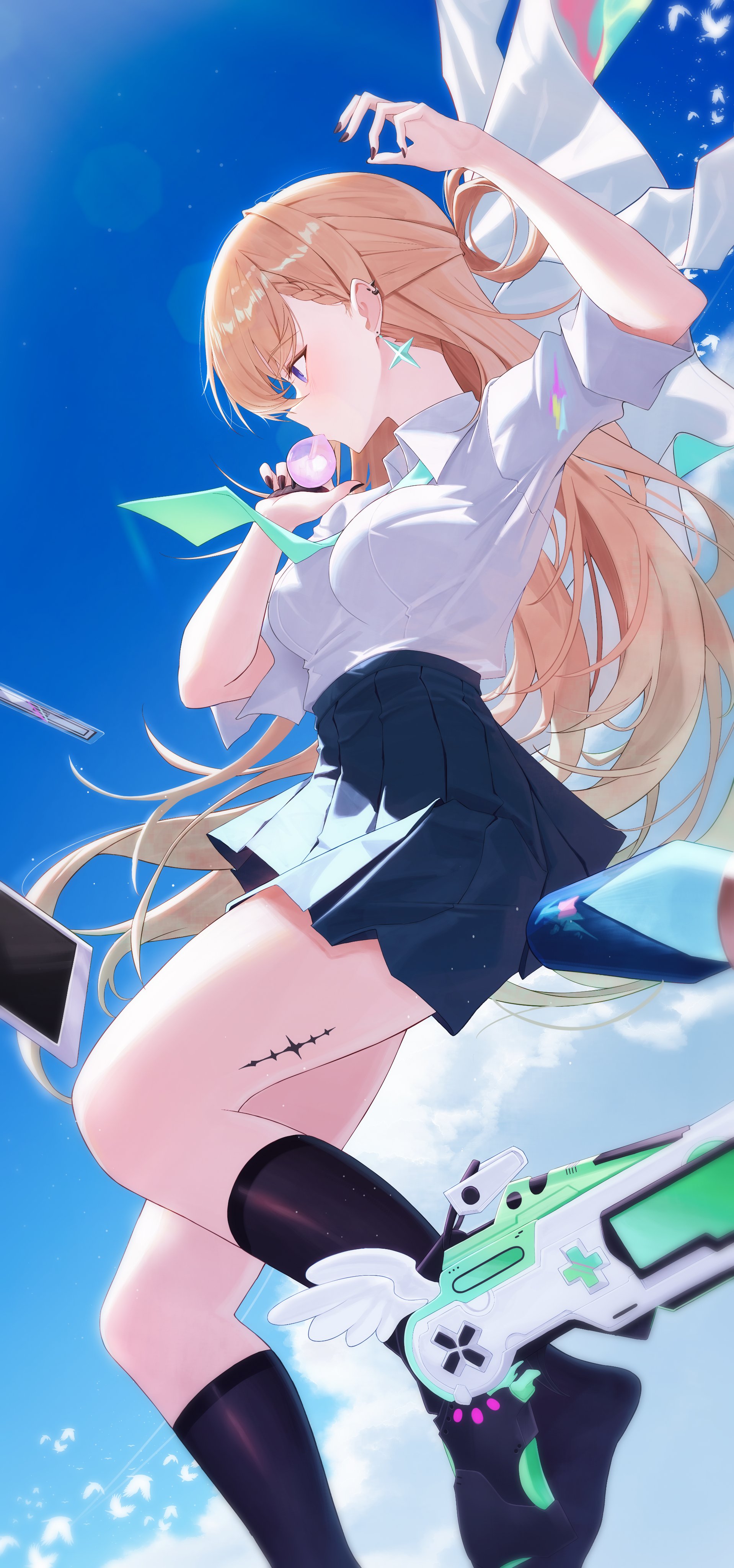 seehyun1031, lynae (wuthering waves), wuthering waves, absurdres, commentary, highres, symbol-only commentary, 1girl, adapted costume, arm up, black nails, black skirt, black socks, blonde hair, blowing bubble gum, blue sky, braid, braided bangs, chewing gum, collared shirt, day, earrings, fingernails, from side, green necktie, jewelry, long hair, nail polish, necktie, outdoors, purple eyes, shirt, shirt tucked in, skirt, sky, socks, solo, star (symbol), star earrings, tacet mark (wuthering waves), very long hair, white shirt