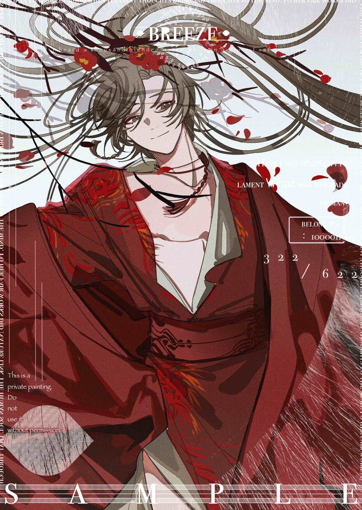 pangxieshenvdegdegv, original, chinese commentary, commentary request, commission, highres, 1boy, brown eyes, brown hair, choker, closed mouth, coat, collarbone, cowboy shot, curtained hair, daxiushan, eyeshadow, falling petals, floating hair, flower, hair flower, hair ornament, hair spread out, high ponytail, long hair, looking at viewer, makeup, male focus, open clothes, open coat, open robe, petals, ponytail, print robe, red choker, red coat, red eyeshadow, red flower, red petals, red robe, red sash, robe, sash, side slit, simple background, smile, solo, string choker, swept bangs, very long hair, waist sash, white background, wide sleeves