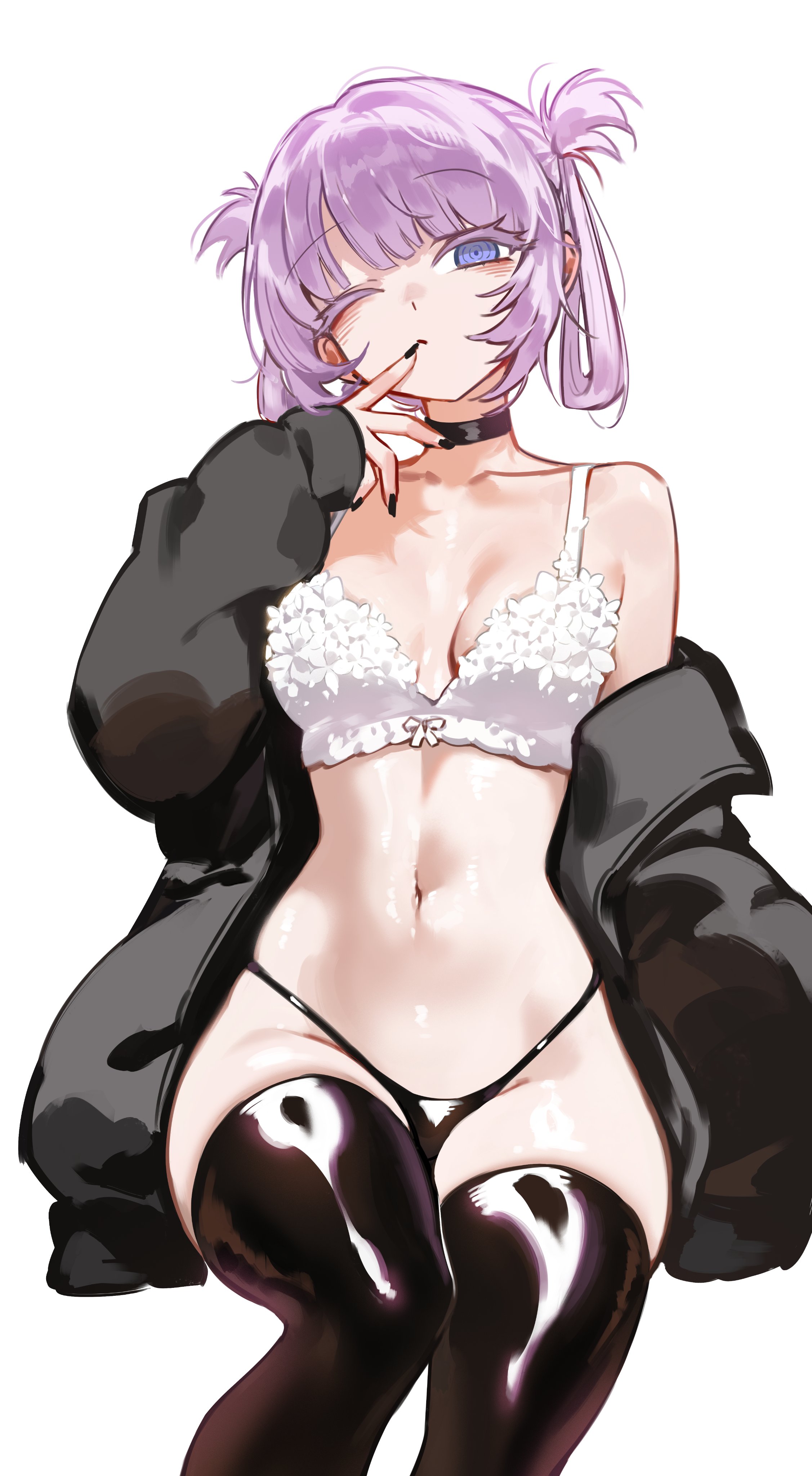 foolish potato, nanakusa nazuna (yofukashi no uta), yofukashi no uta, absurdres, commentary, highres, 1girl, black choker, black jacket, black nails, black panties, black thighhighs, bra, braid, braided hair rings, breasts, choker, hair rings, jacket, looking at viewer, medium breasts, one eye closed, panties, pink hair, purple eyes, ringed eyes, simple background, sitting, solo, thick eyelashes, thighhighs, underwear, white background, white bra