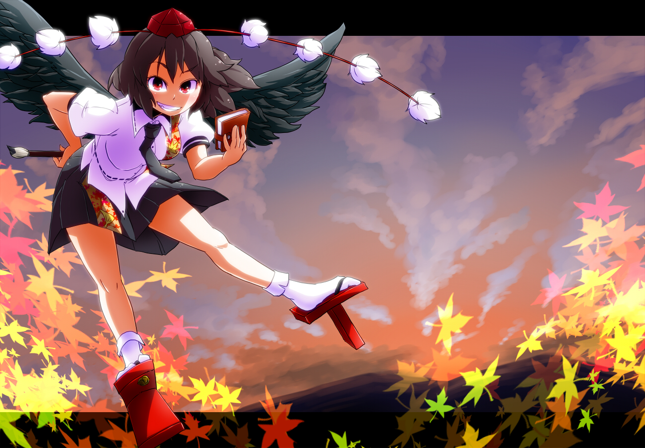 aono3, shameimaru aya, touhou, 1girl, black hair, black wings, female focus, geta, grin, hat, looking at viewer, notebook, pen, red eyes, short hair, skirt, smile, socks, solo, tengu-geta, tokin hat, wings