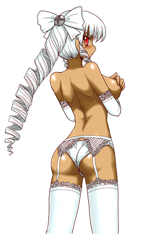 mono (moiky), mono (pixiv38972), vista-tan, vistake, microsoft windows, os-tan, windows vista, bad id, bad pixiv id, 1girl, angry, ass, back, blush, bow, breasts, covering breasts, covering privates, dark-skinned female, dark skin, detached sleeves, drill hair, elbow gloves, female focus, from behind, garter belt, garter straps, gloves, hair bow, lace, lace-trimmed thighhighs, lace trim, large breasts, lingerie, long sleeves, looking back, panties, ponytail, red eyes, single drill, solo, thighhighs, topless female, underwear, white background, white bow, white hair, white panties, white thighhighs