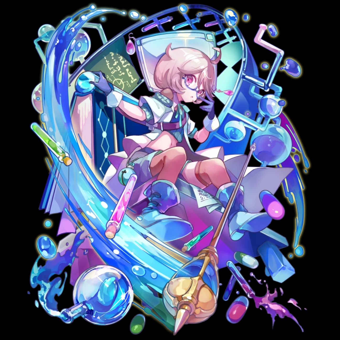 merc storia art team, merc storia, highres, official art, :o, ahoge, bell, belt, black background, blue boots, blue gloves, blue hat, blue shorts, bob cut, book, boots, bottle, brown belt, coat, crop top, cymerica (merc storia), flask, full body, gloves, green sweater, hair between eyes, hat, looking at viewer, motion lines, navel, open clothes, open coat, pink eyes, pink hair, purple water, rod, shell casing, short hair, short sleeves, shorts, simple background, sitting, solo, spilling, sweater, tachi-e, test tube, white coat