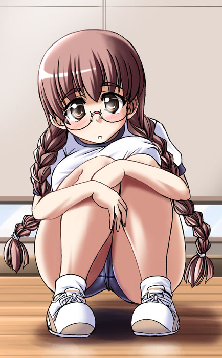 tonpuu, original, 1girl, braid, brown eyes, brown hair, buruma, female focus, glasses, gym uniform, shoes, sneakers, solo, twin braids