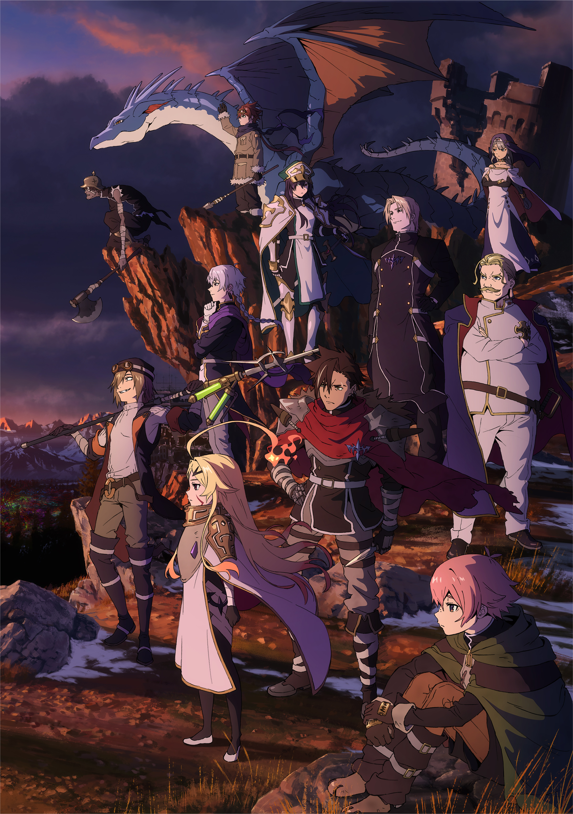 forbartz xylo, teoritta, yuushakei ni shosu, character request, official art, tagme, textless version, 2024, 6+boys, ahoge, axe, blonde hair, brown eyes, brown hair, cloak, dagger, dragon, expressionless, facial hair, fiery hair, goggles, goggles on headwear, grey hair, hat, holding, holding axe, holding weapon, huge ahoge, knife, long hair, multiple boys, mustache, outdoors, pink hair, smile, standing, weapon