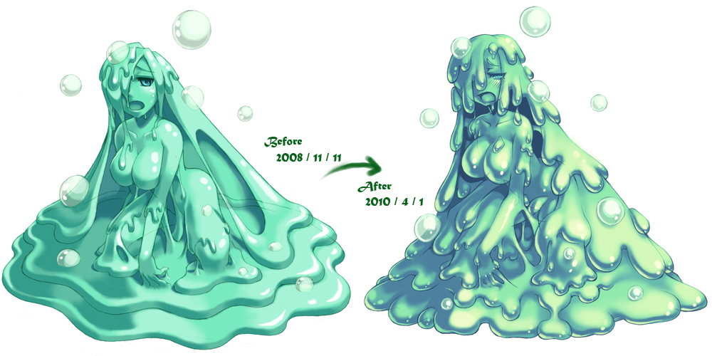 kenkou cross, bubble slime (monster girl encyclopedia), monster girl encyclopedia, official art, 1girl, :o, artist progress, before and after, breasts, bubble, comparison, large breasts, monster girl, sad, slime (substance), slime girl