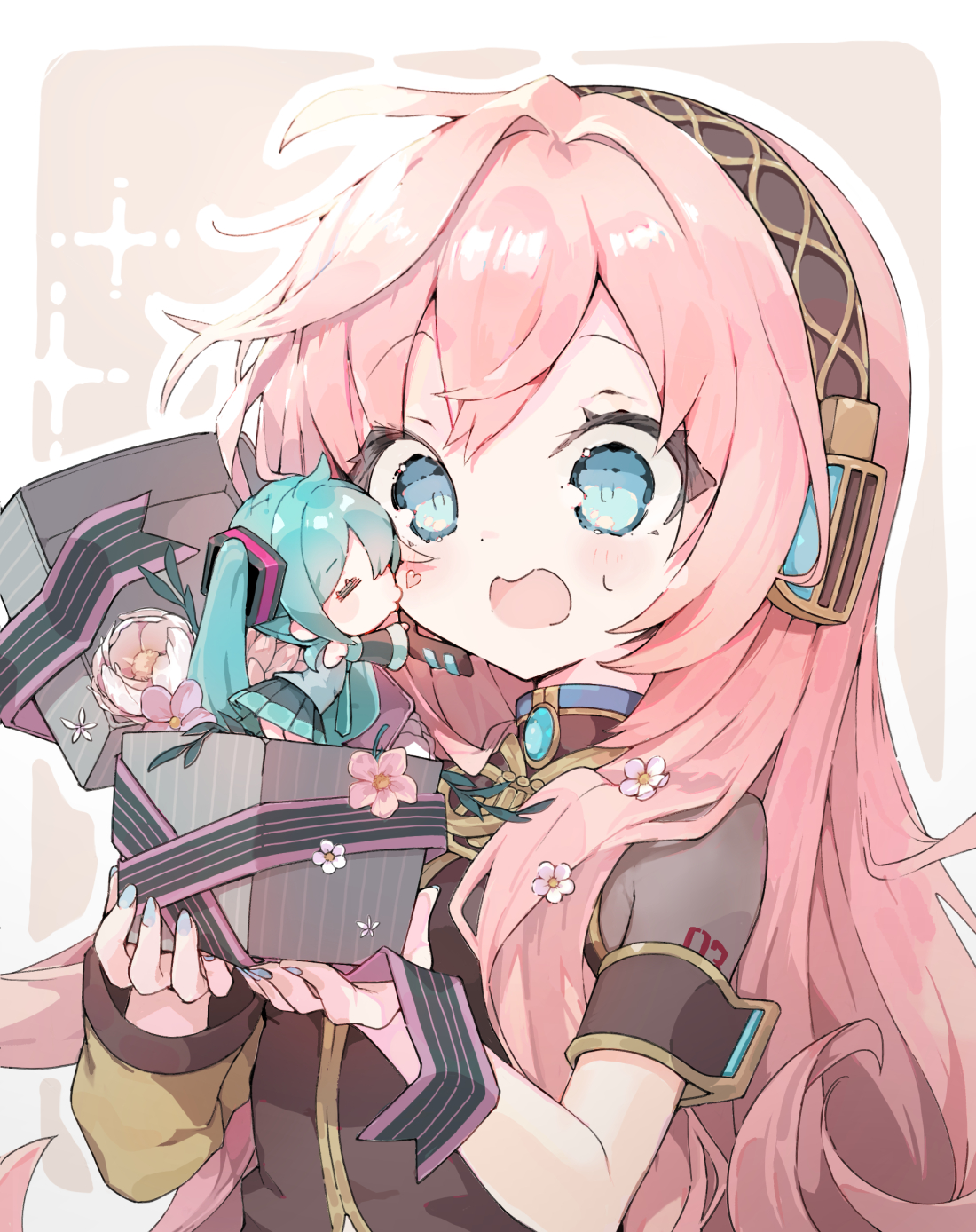 niwako, hatsune miku, megurine luka, vocaloid, commentary, highres, 2girls, blue eyes, blush, blush stickers, border, box, brown shirt, chibi, dot nose, double-parted bangs, gift, gift box, grey background, headphones, holding, holding gift, kiss, long hair, mini person, minigirl, multiple girls, outline, outside border, pink hair, pink ribbon, ribbon, see-through clothes, see-through sleeves, shirt, short sleeves, shoulder tattoo, striped ribbon, tattoo, upper body, white border, white outline