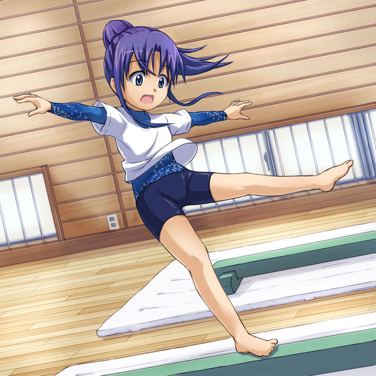 beidan, original, bad id, bad pixiv id, 1girl, balance beam, balancing, barefoot, bike shorts, blue eyes, child, falling, feet, female focus, full body, gymnastics, latex, legs, leotard, ponytail, purple hair, solo