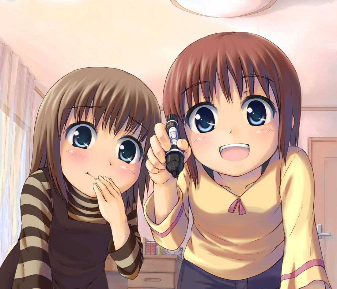 beidan, original, striped, 2girls, brown hair, casual, child, covering face, covering own mouth, covering privates, marker, multiple girls, open mouth, short hair, smile