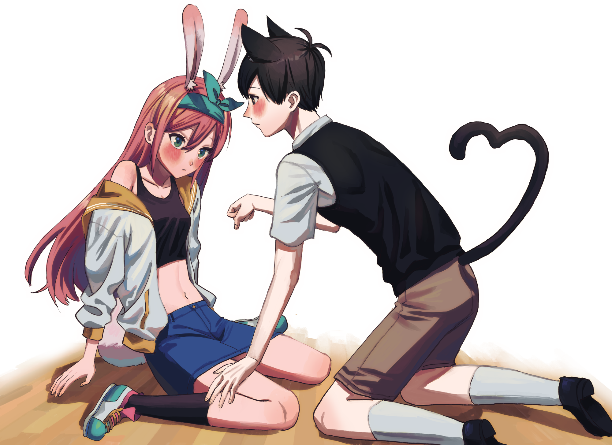 shousan (hno3syo), aubrey (faraway) (omori), aubrey (omori), sunny (omori), omori, commentary request, highres, 1boy, 1girl, animal ear fluff, animal ears, antenna hair, arm support, bare arms, black eyes, black hair, black socks, black sweater vest, black tail, black tank top, blue hairband, blue skirt, blush, bow hairband, breasts, brown shorts, buttons, cat boy, cat ears, cat tail, closed mouth, collarbone, collared shirt, denim, denim skirt, double-parted bangs, expressionless, extra ears, eye contact, fingernails, foot out of frame, from behind, from side, full body, green eyes, hair behind ear, hair between eyes, hairband, hand on another's thigh, hand up, heart, heart tail, jacket, jacket partially removed, kemonomimi mode, kneehighs, kneeling, leaning forward, light frown, long hair, long sleeves, looking at another, midriff, miniskirt, navel, on floor, open clothes, open jacket, paw pose, pink hair, profile, puffy long sleeves, puffy sleeves, rabbit ears, rabbit girl, rabbit tail, sailor collar, shadow, shirt, shoes, short hair, short sleeves, shorts, sidelocks, simple background, single bare shoulder, sitting, skirt, small breasts, sneakers, socks, straight hair, sweater vest, tail, tank top, tareme, very long hair, very short hair, wariza, white background, white jacket, white shirt, white shoes, white socks, white tail, wooden floor, yellow sailor collar