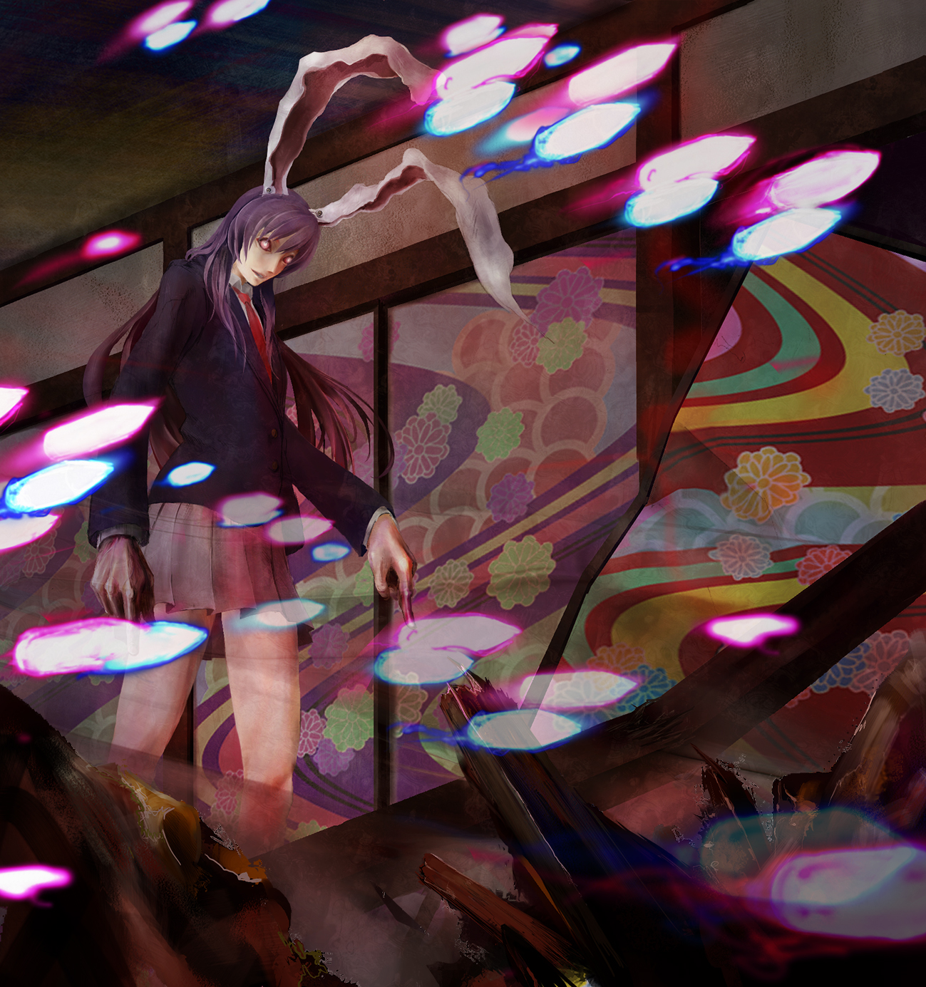 an'yu, kabihuton, reisen udongein inaba, touhou, bad id, bad pixiv id, highres, 1girl, animal ears, bad anatomy, bad hands, broken, creepy, danmaku, female focus, glowing, glowing eyes, horror (theme), necktie, purple hair, rabbit ears, solo