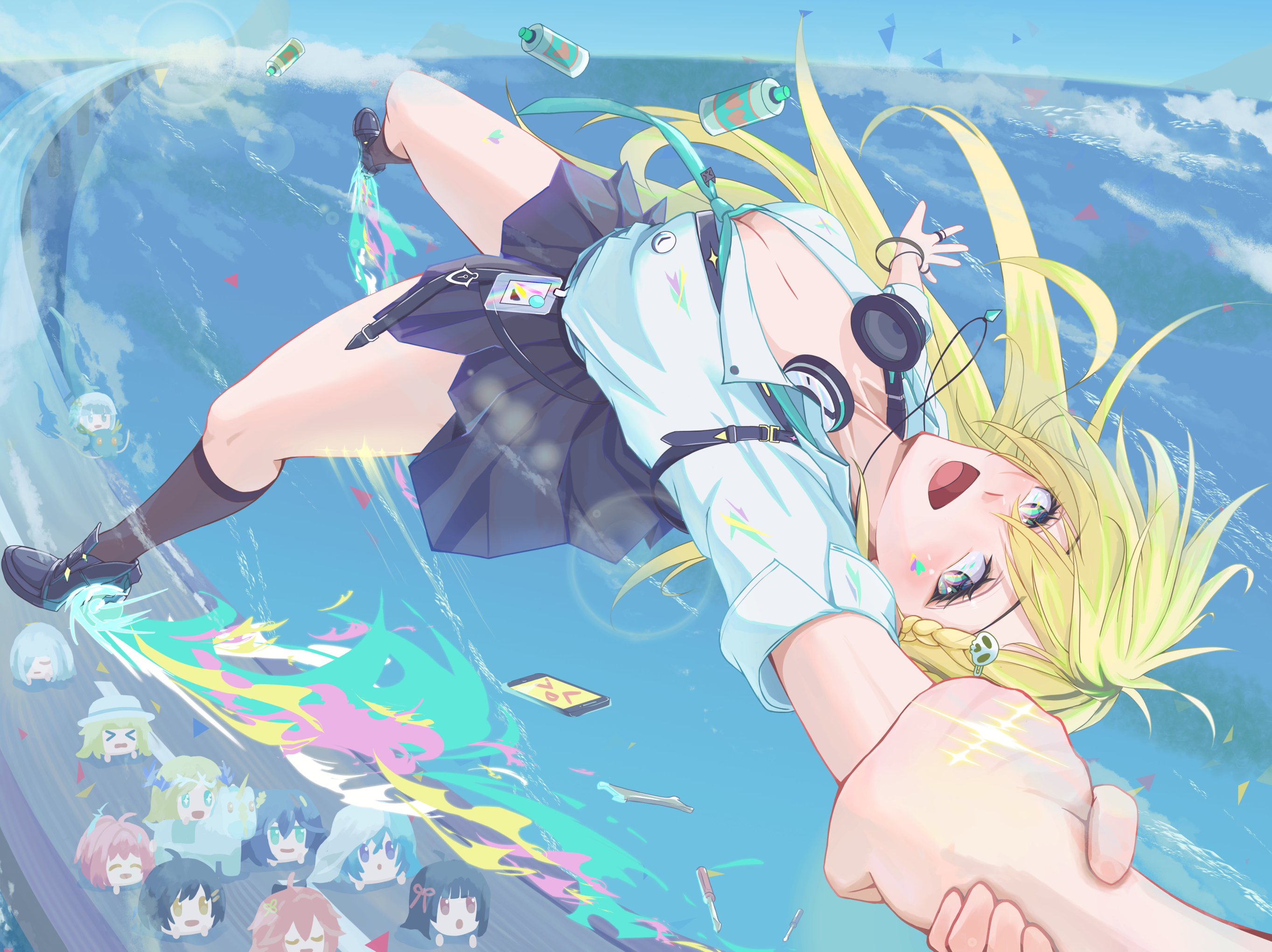 aemeath (wuthering waves), cartethyia (wuthering waves), changli (wuthering waves), chisa (wuthering waves), female rover (wuthering waves), imperator (wuthering waves), iuno (wuthering waves), jinhsi (wuthering waves), jue (wuthering waves), lynae (wuthering waves), male rover (wuthering waves), phoebe (wuthering waves), phrolova (wuthering waves), rover (wuthering waves), shorekeeper (wuthering waves), wuthering waves, commentary request, highres, 1boy, 1girl, arm up, black skirt, black socks, blonde hair, blue sky, blush, braid, braided bangs, breasts, cleavage, collared shirt, day, earrings, fingernails, green necktie, holding hands, jewelry, large breasts, long hair, midair, multicolored eyes, necktie, newkurou, outdoors, pov, purple eyes, remnant cube (wuthering waves), shirt, shirt tucked in, skirt, sky, socks, star (symbol), star earrings, tacet mark (wuthering waves), very long hair, white shirt