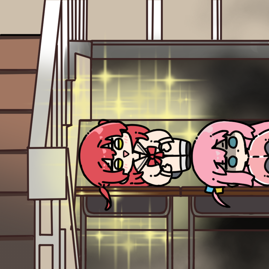 yakotako, gotoh hitori, kita ikuyo, bocchi the rock!, commentary request, 2boys, blue eyes, blush, bow, chibi, chibi only, desk, looking at viewer, lying, multiple boys, on side, one side up, pink hair, red bow, red hair, school desk, shaded face, short hair, stairs, yellow eyes