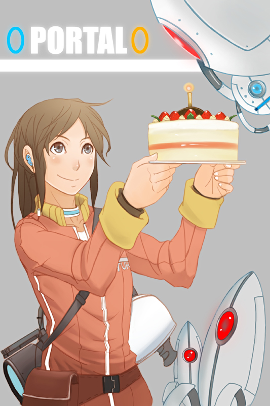 yana yana, chell, glados, sentry turret (portal), portal (series), portal 1, spoilers, 1girl, animification, aperture science handheld portal device, brown eyes, brown hair, cake, candle, female focus, food, good end, jumpsuit, pastry, solo, valve