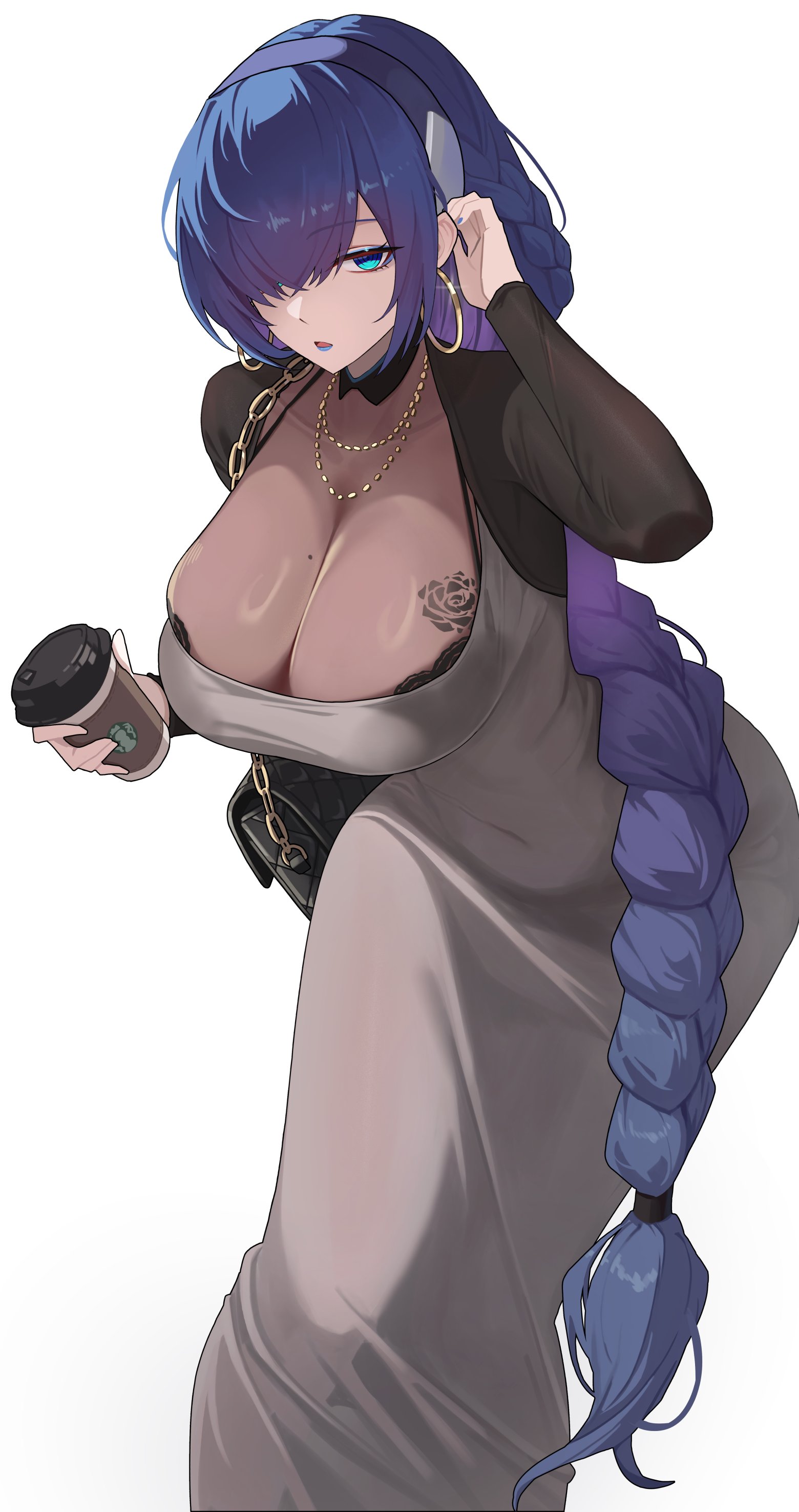 schoppi 0731, lenore (black survival), black survival, eternal return: black survival, starbucks, absurdres, commentary, english commentary, highres, 1girl, bag, blue hair, blue lips, breast tattoo, breasts, cleavage, covered navel, cup, disposable coffee cup, disposable cup, dongtan dress, dress, earrings, grey dress, hair behind ear, handbag, jewelry, large breasts, long braid, long hair, long sleeves, mole, mole on breast, necklace, one eye covered, see-through cleavage, see-through clothes, tattoo