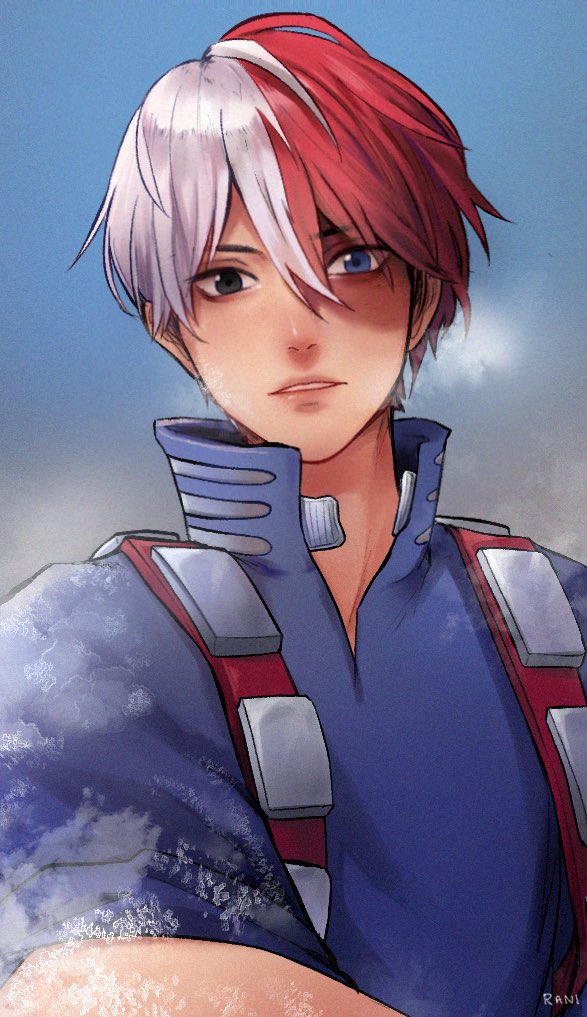 kookirani, todoroki shoto, boku no hero academia, commentary, english commentary, 1boy, blue eyes, blue jacket, blue sky, burn scar, jacket, looking at viewer, multicolored hair, parted lips, red hair, scar, short hair, signature, sky, solo, split-color hair, white hair