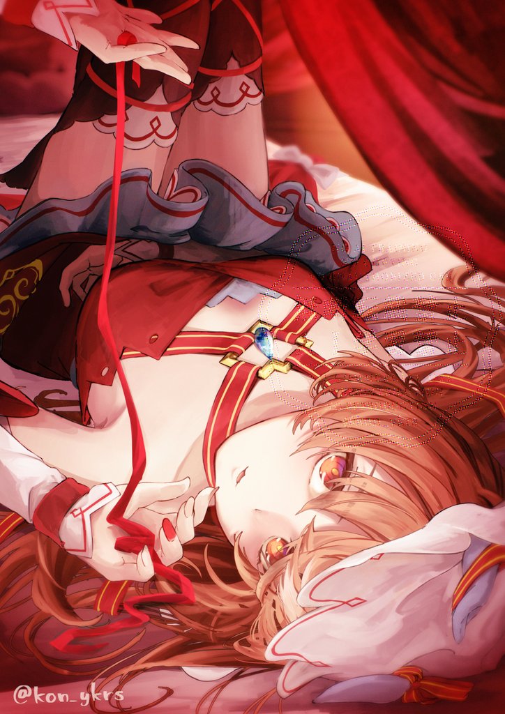 kitsune yuki, still in love (scarlet vow raiment) (umamusume), still in love (umamusume), umamusume, commentary request, 1girl, animal ears, bed, breasts, brown hair, curtains, fingernails, hair between eyes, horse ears, horse tail, looking at viewer, petals, red eyes, small breasts, solo, tail, thighhighs, twitter username, veil