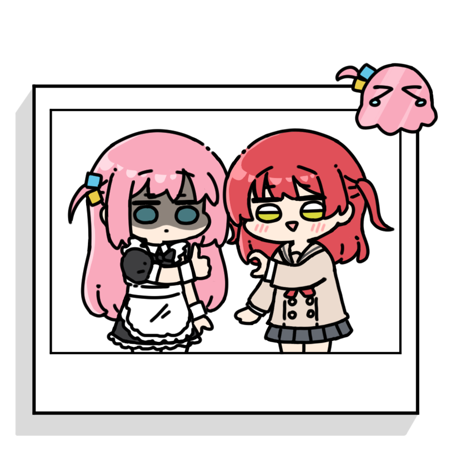 yakotako, gotoh hitori, gotoh hitori (octopus), kita ikuyo, bocchi the rock!, commentary request, > <, 2girls, apron, black dress, blue eyes, bow, chibi, chibi only, dress, heart hands failure, long hair, long sleeves, multiple girls, one side up, pink hair, pleated skirt, red bow, red hair, sailor collar, shaded face, skirt, triangle mouth, white apron, yellow eyes